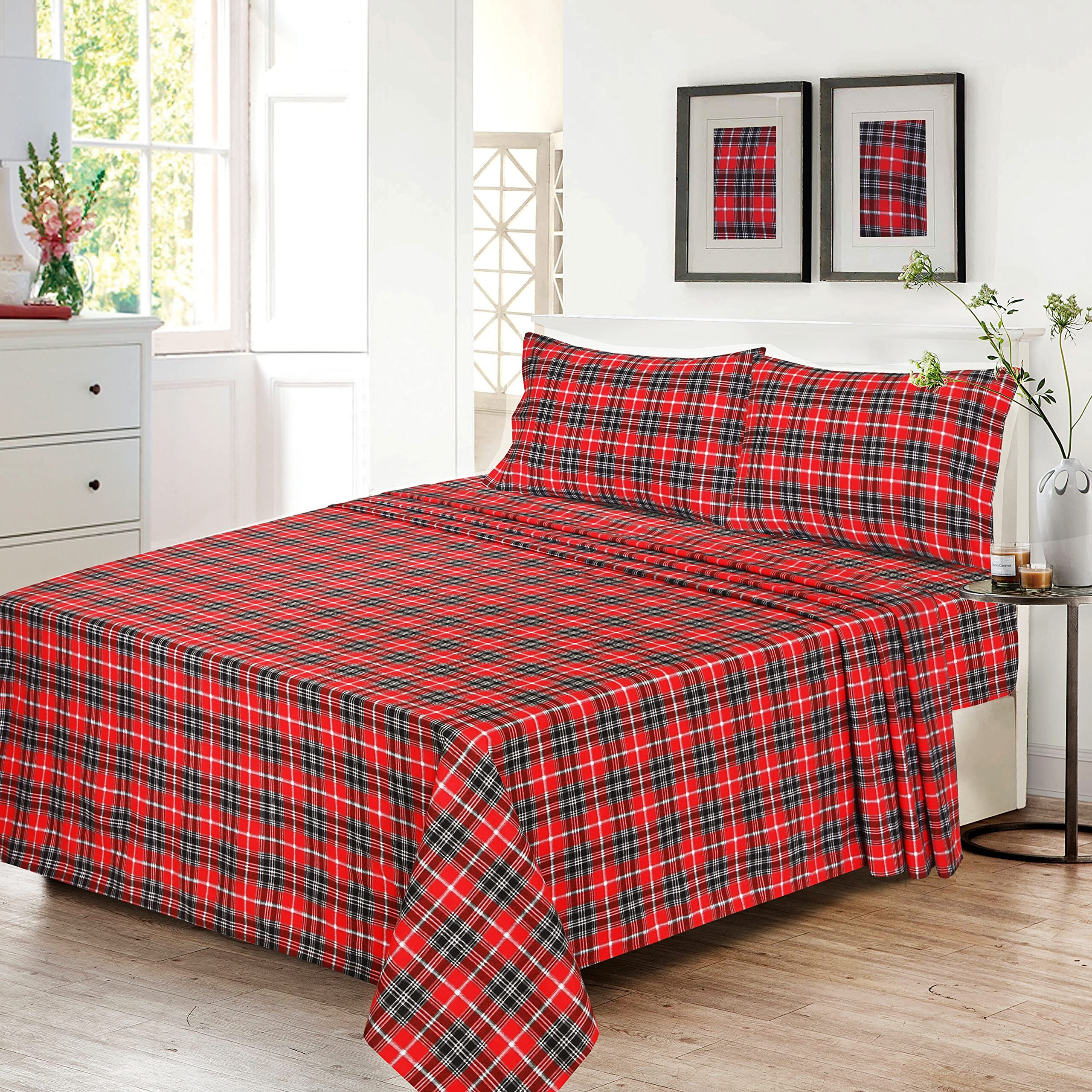 Ruvanti 100% Cotton 4 Pcs Flannel Sheets Queen Size, Deep Pocket, Warm, Super Soft, Breathable, Moisture Wicking Queen Sheets, Bed Sheets Include Flat, Fitted Sheet, 2 Pillowcase - Red Plaid