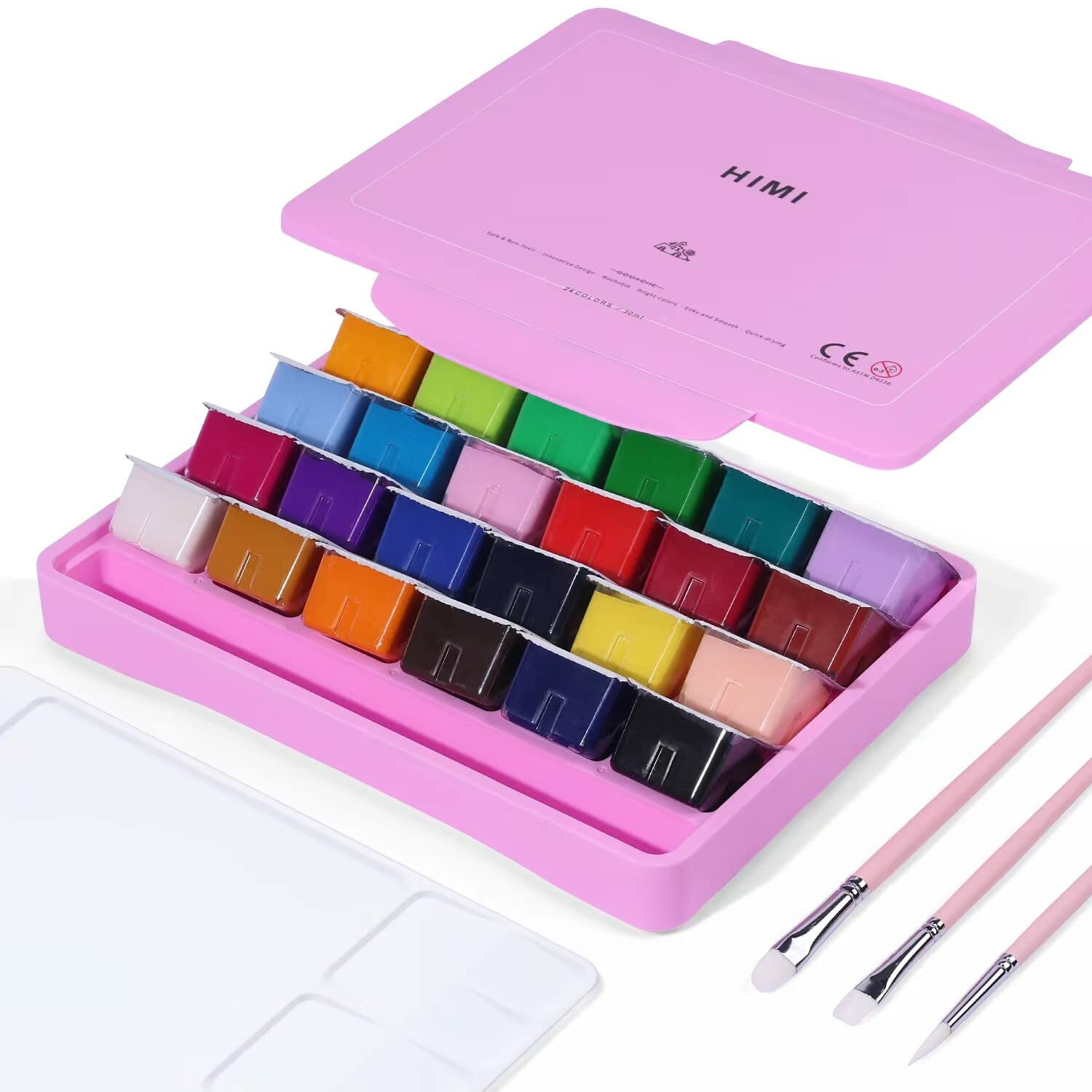 Himi Gouache Paint Set, 24 Colors X 30Ml Unique Jelly Cup Design With 3 Paint Brushes And A Palette In A Carrying Case Perfect For Artists, Students, Gouache Opaque Watercolor Painting (Pink)