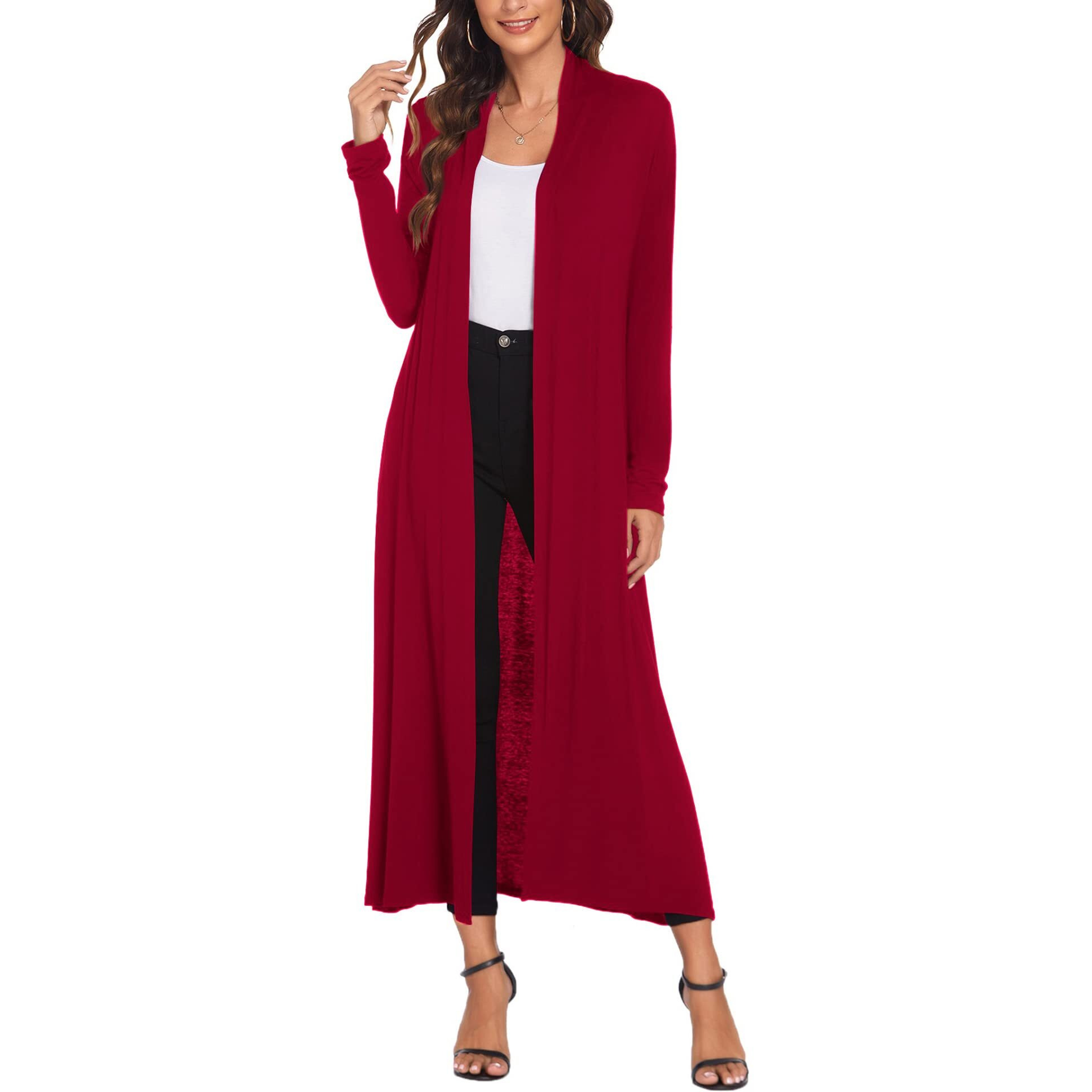 Bluetime Women Floor Length Open Front Cardigan Lightweight Long Sleeve Maxi Duster With Pockets (Xxxl, Red)