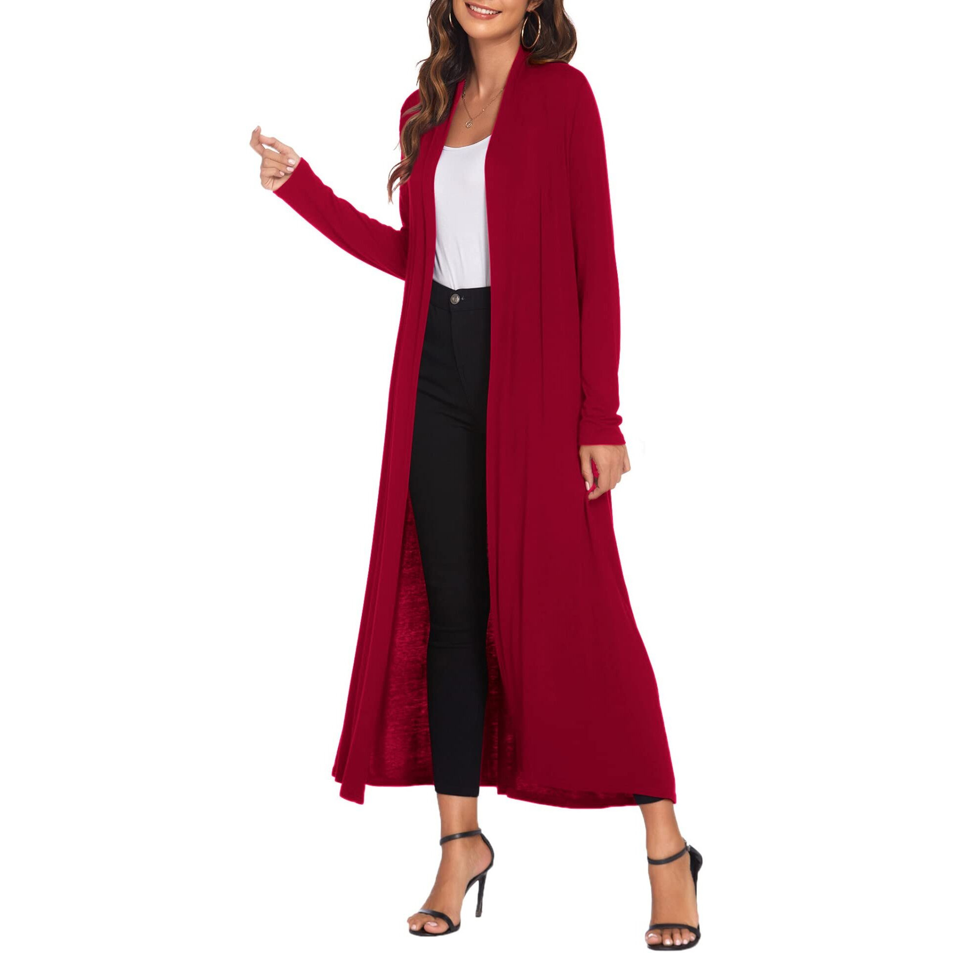 Bluetime Women Floor Length Open Front Cardigan Lightweight Long Sleeve Maxi Duster With Pockets (Xxxl, Red)