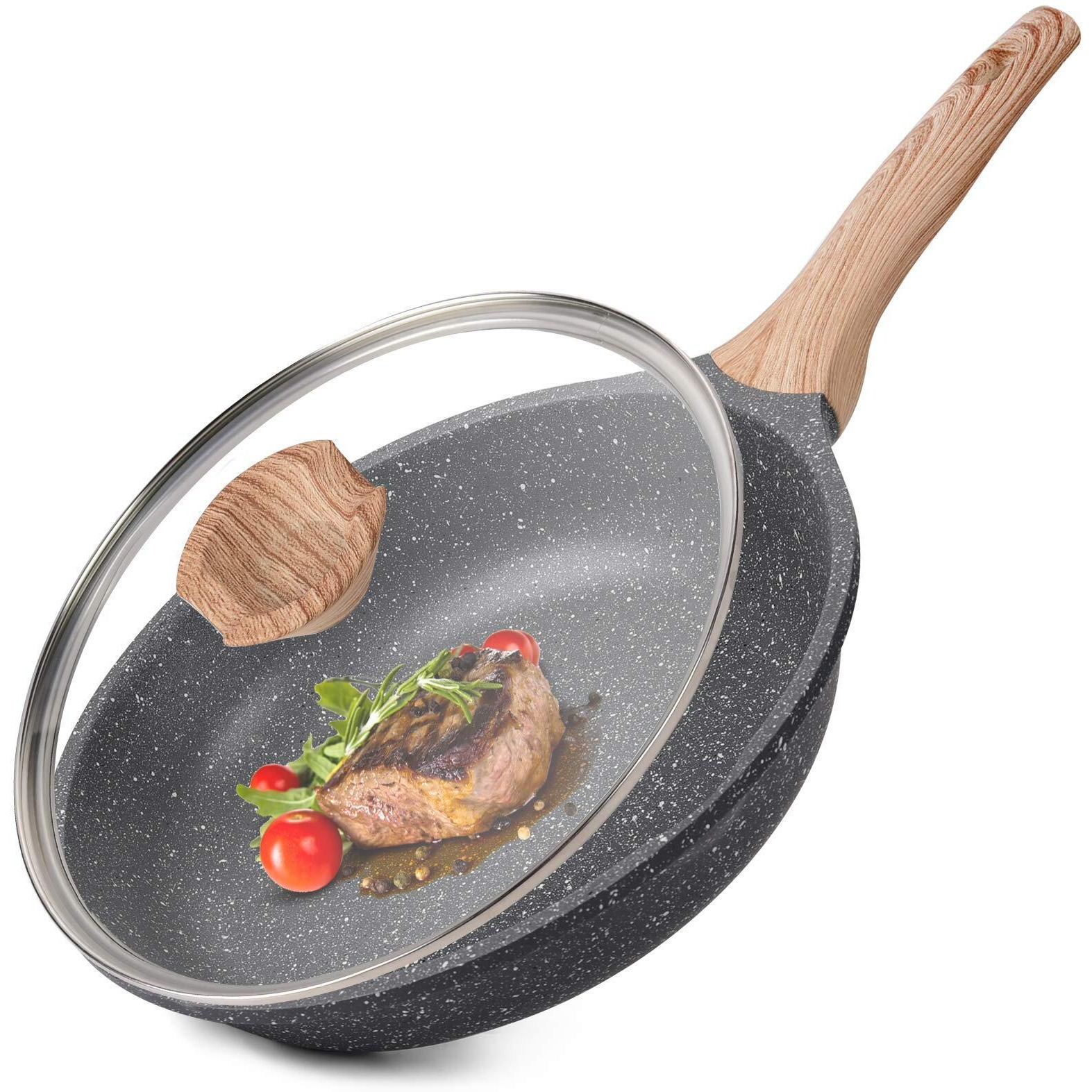 Caannasweis Nonstick Pan With Lid, Nonstick Stone Frying Pan, Best Nonstick Omelette Skillet With Soft Touch Handle, Induction Compatible(95 Inch With Lid)