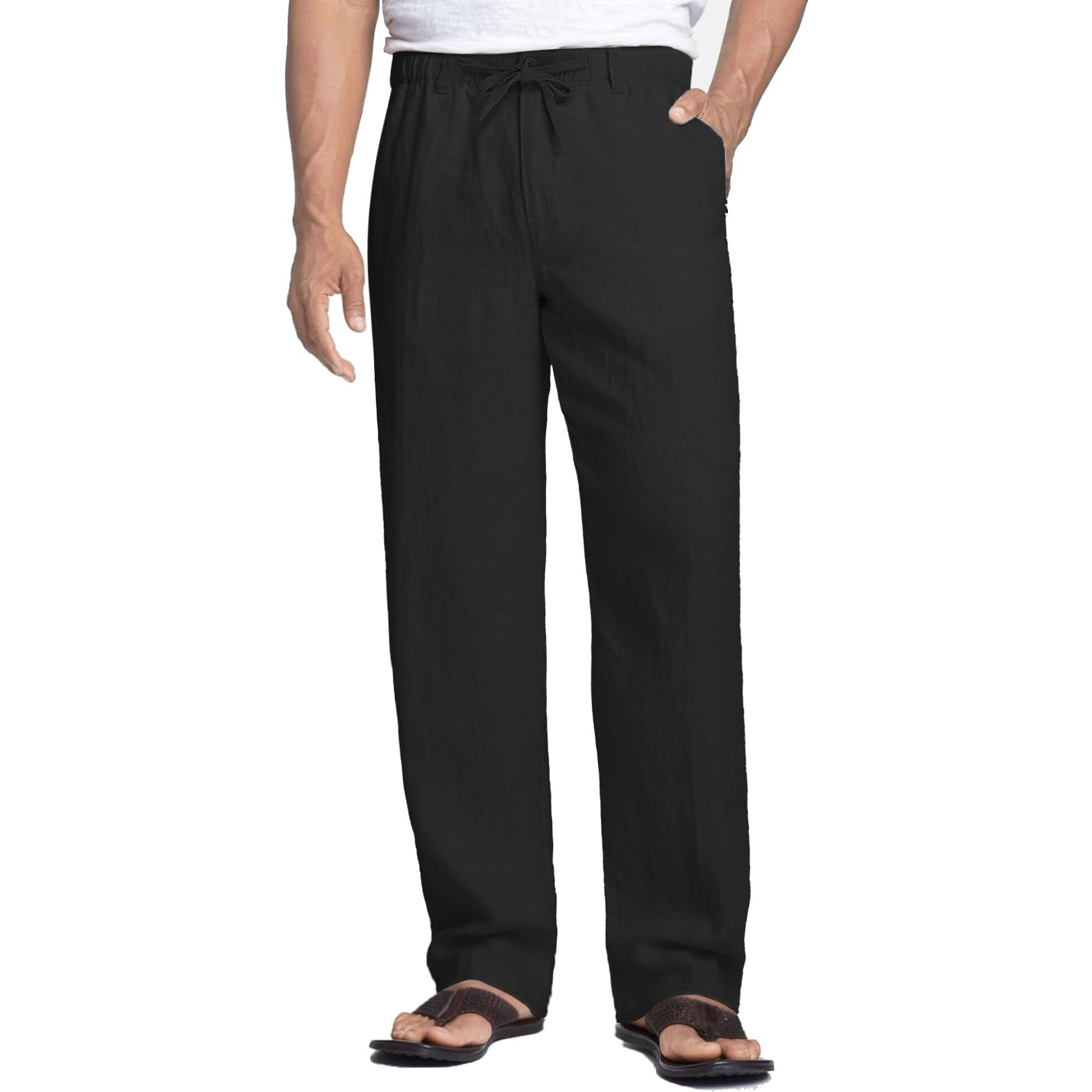Coofandy Men 's Elastic Waist Linen Pants Beach Lightweight Pants Big And Tall Drawstring Linen House Pants (Black, S)