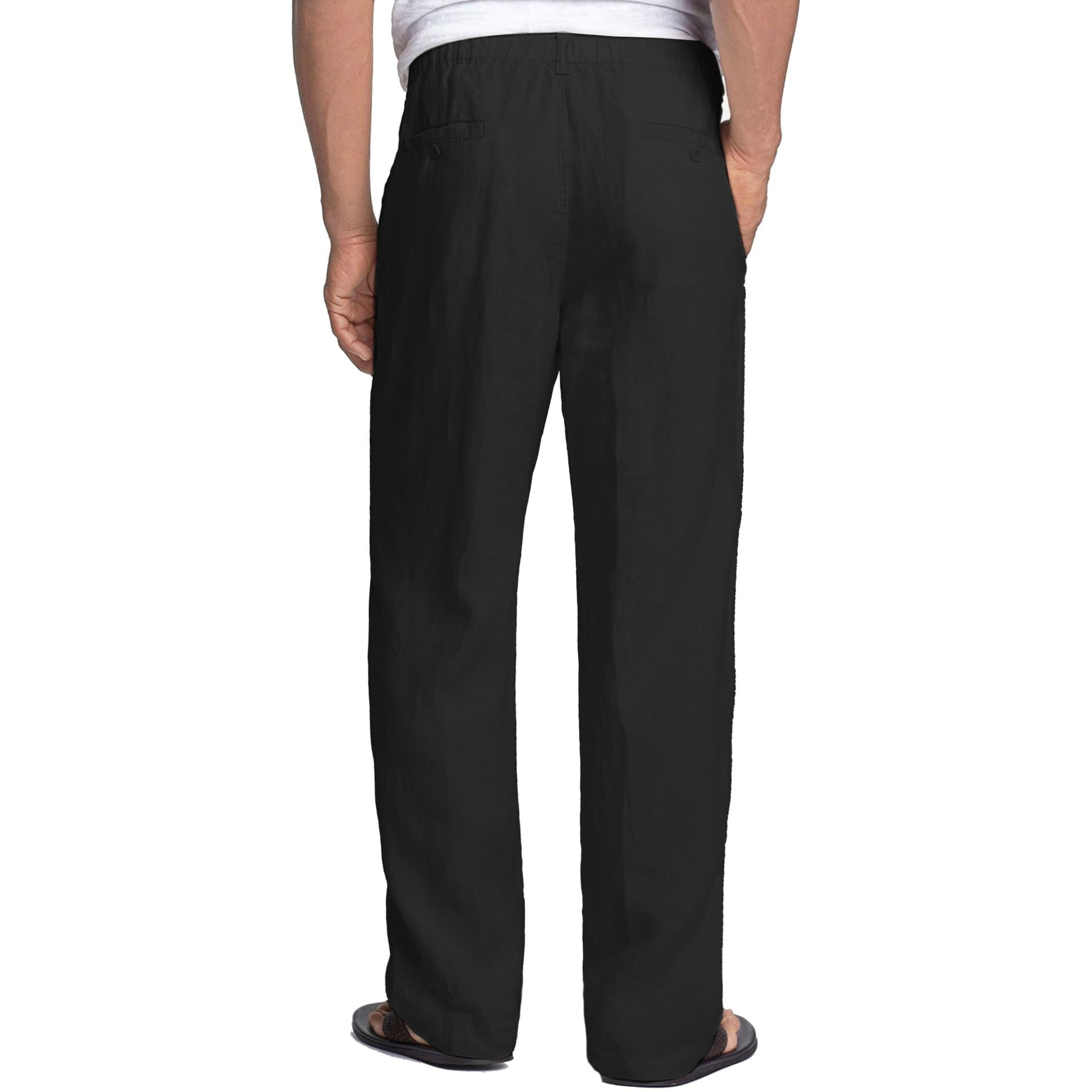 Coofandy Men 's Elastic Waist Linen Pants Beach Lightweight Pants Big And Tall Drawstring Linen House Pants (Black, S)