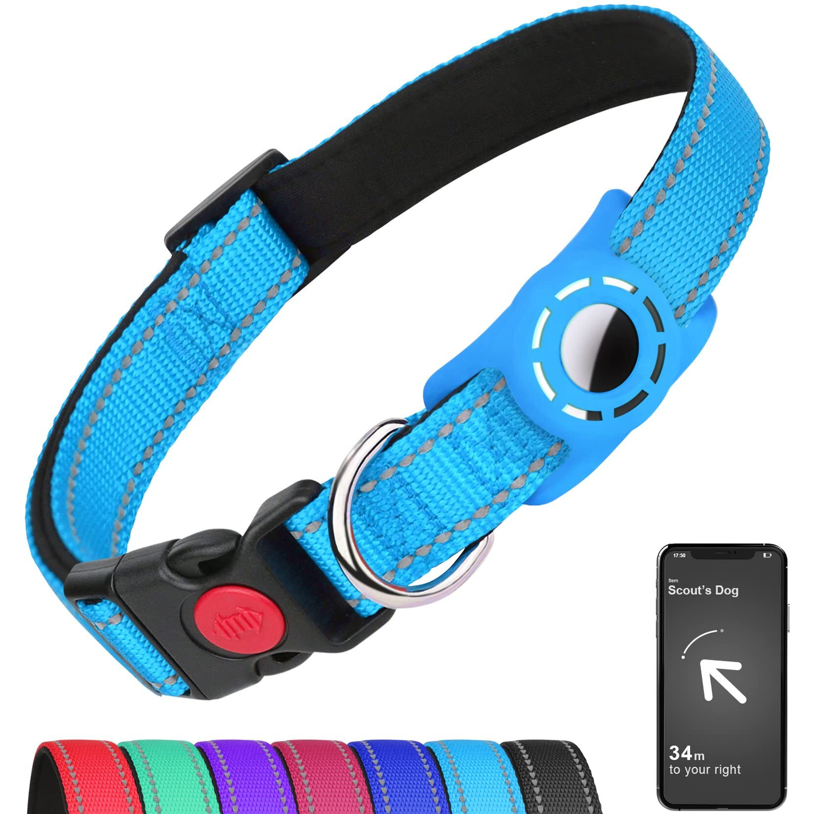 Erbine Airtag Dog Collar For Puppy Dogs, Reflective Dog Collars With Airtag Holder, Soft Padded & Safety Locking Buckle, Nylon Pet Collar Adjustable For All Breeds, Skyblue