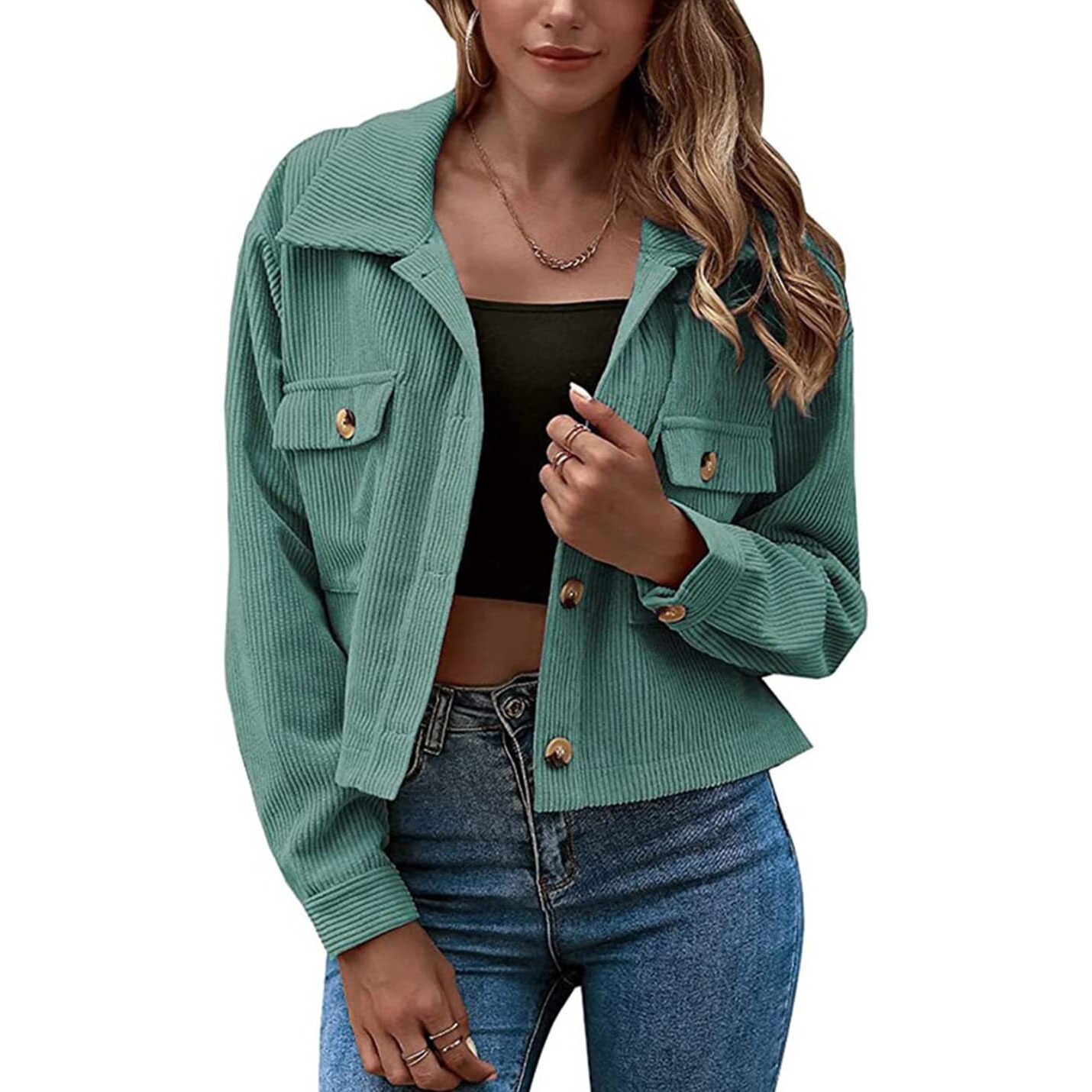 Gihuo Women 's Fashion Cropped Shacket Button Down Corduroy Shacket Jackets Casual Plaid Long Sleeve Crop Jackets Tops (Green, Small)