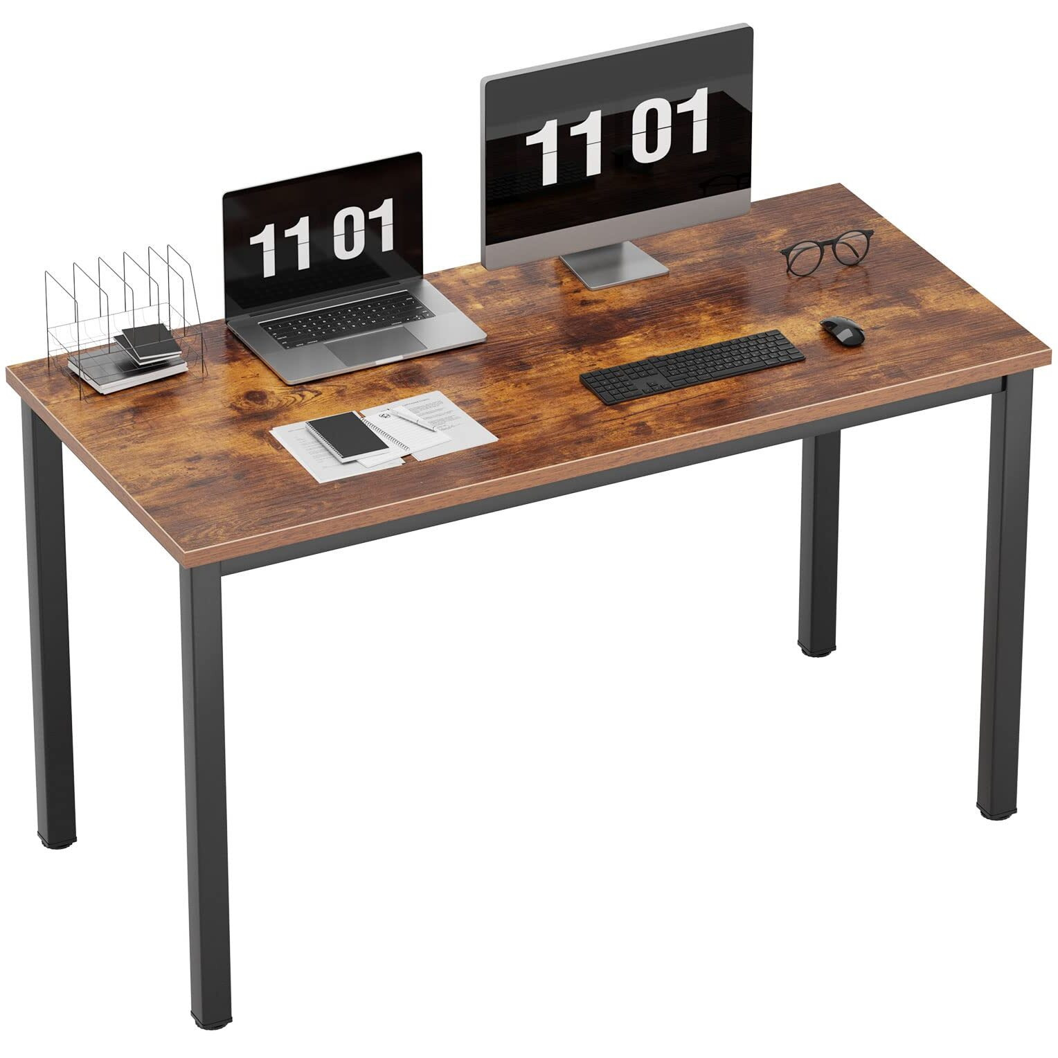 Need Computer Desk, 47 Inch Home Office Desk, Modern Simple Style Home Office Gaming Desk, Basic Writing Table For Study Student, Black Metal Frame, Rustic Brown