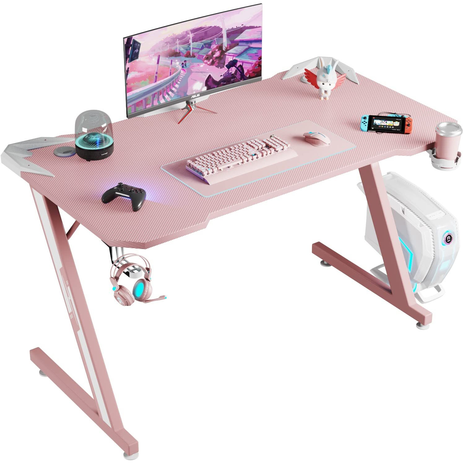 Shahoo Pc Gaming Desk 44 Inch Z Shaped Carbon Fiber Surface Desktop Computer Table With Cup Holder & Headphone Hook, 44 In, Pink