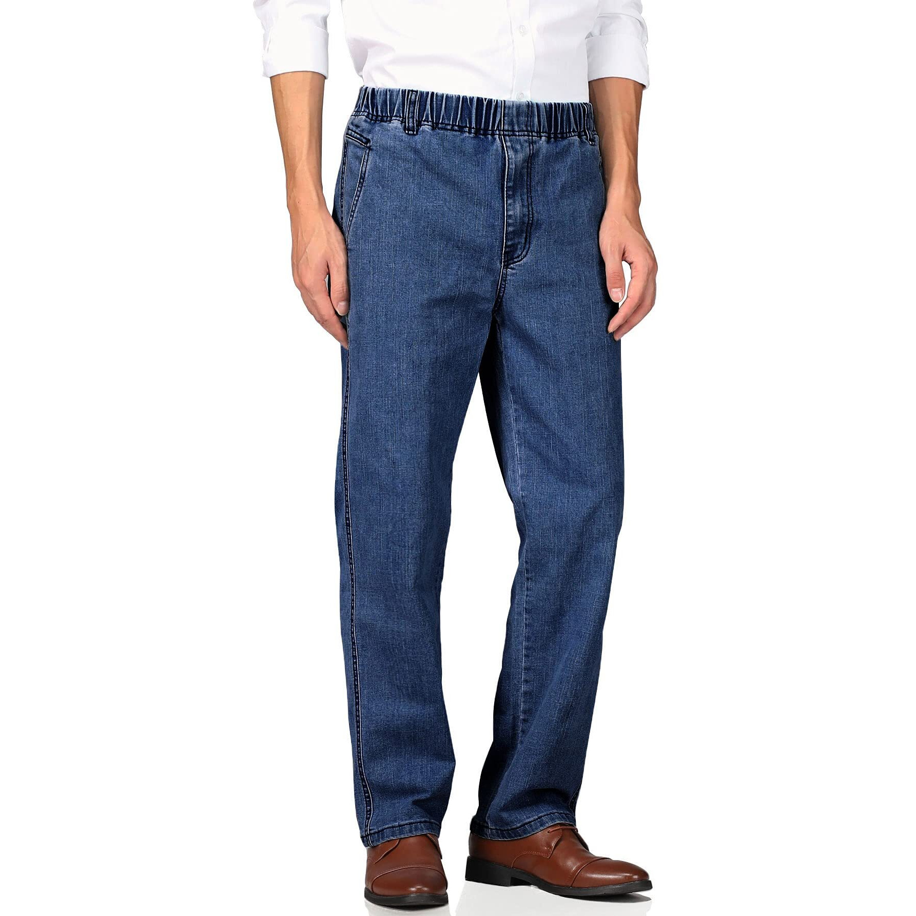 Soojun Mens Casual Loose Fit Elastic Waist Jeans Denim Pants, Indigo, 42W X 28L