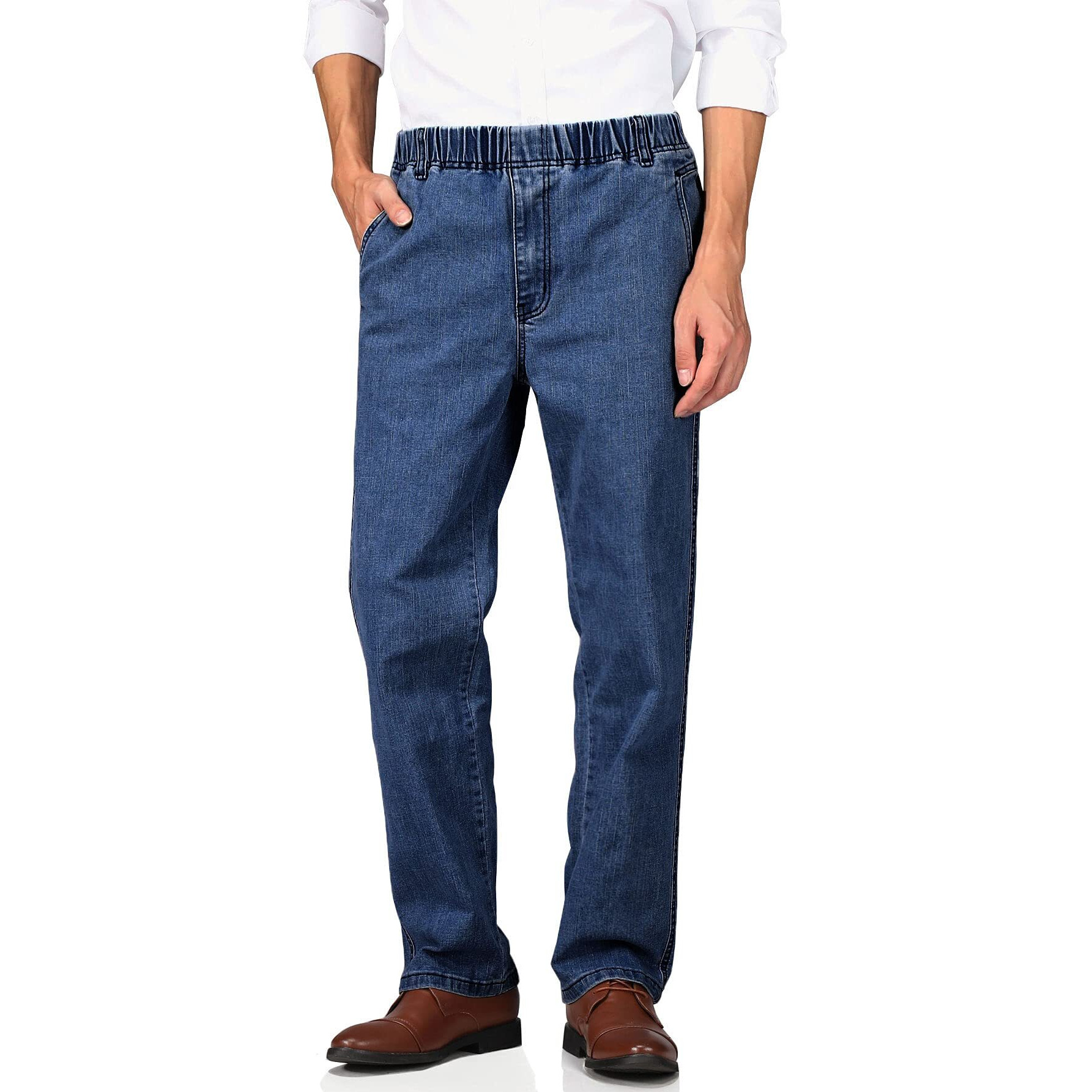 Soojun Mens Casual Loose Fit Elastic Waist Jeans Denim Pants, Indigo, 42W X 28L