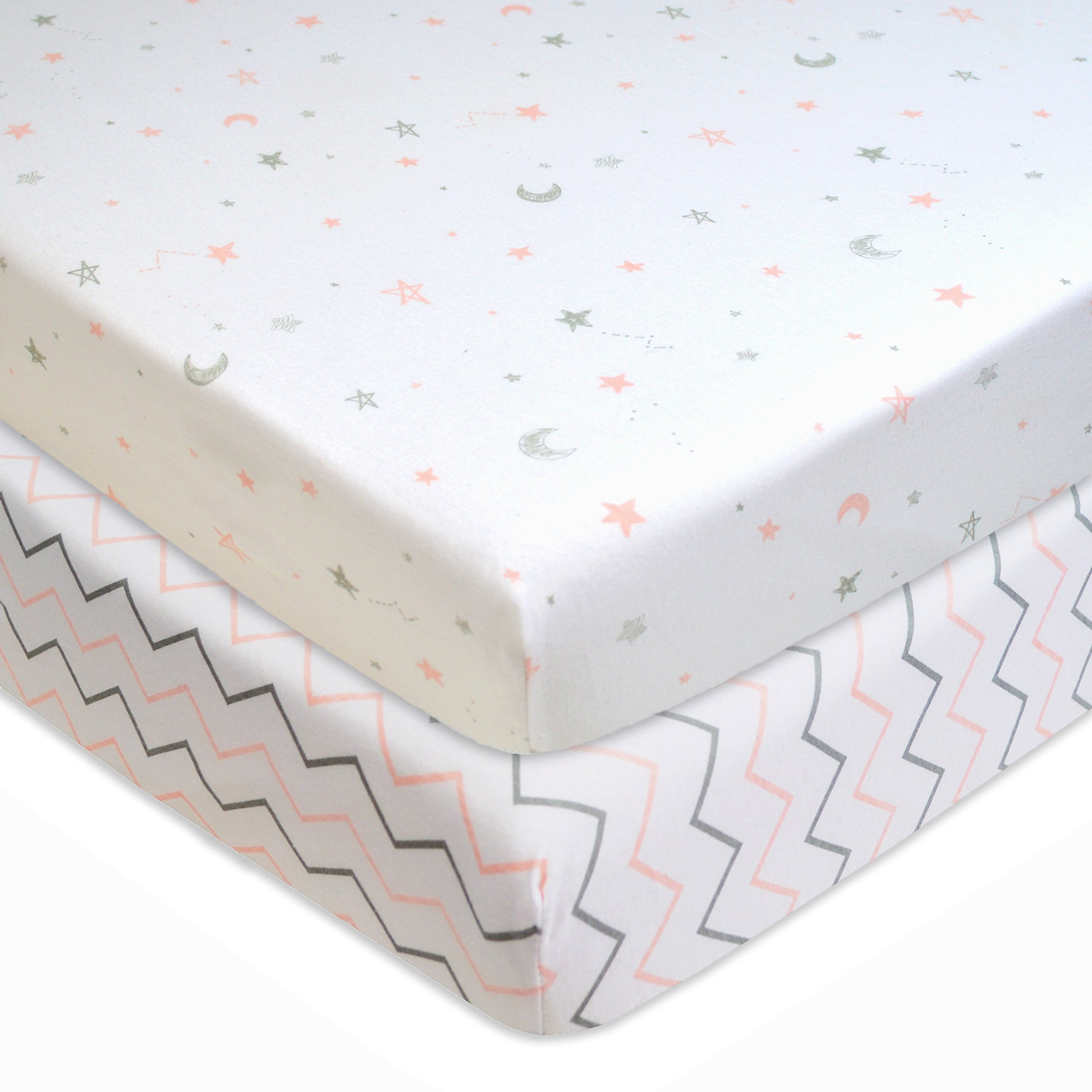Tl Care 2 Pack Printed 100% Natural Cotton Jersey Knit Fitted Pack N Play Playard Sheet, Pink Stars/Zigzag, Soft Breathable, For Boys And Girls