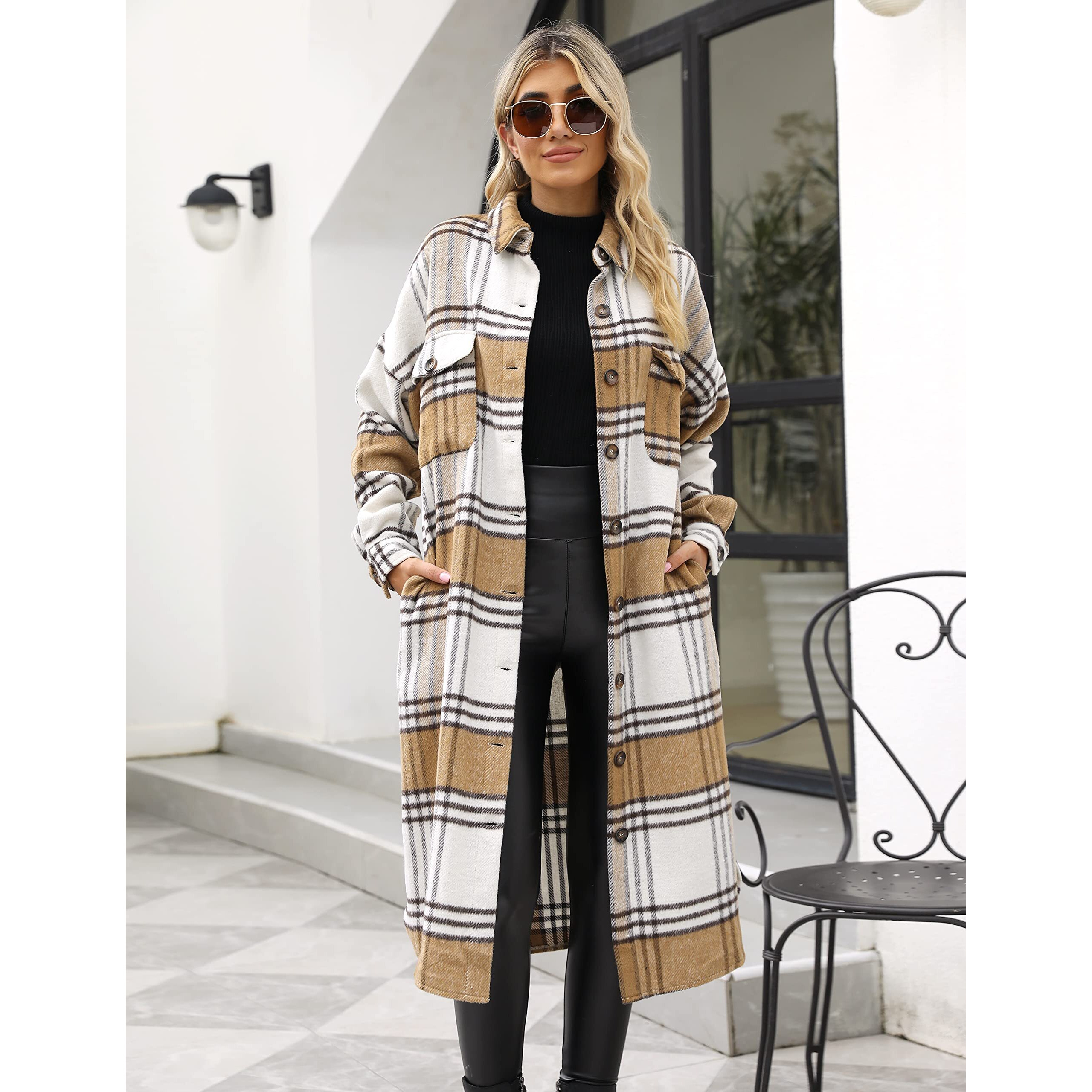 Uaneo Plaid Coat Women Button Down Long Plaid Jacket Fall Flannel Trench Coat (Tan, X-Large)