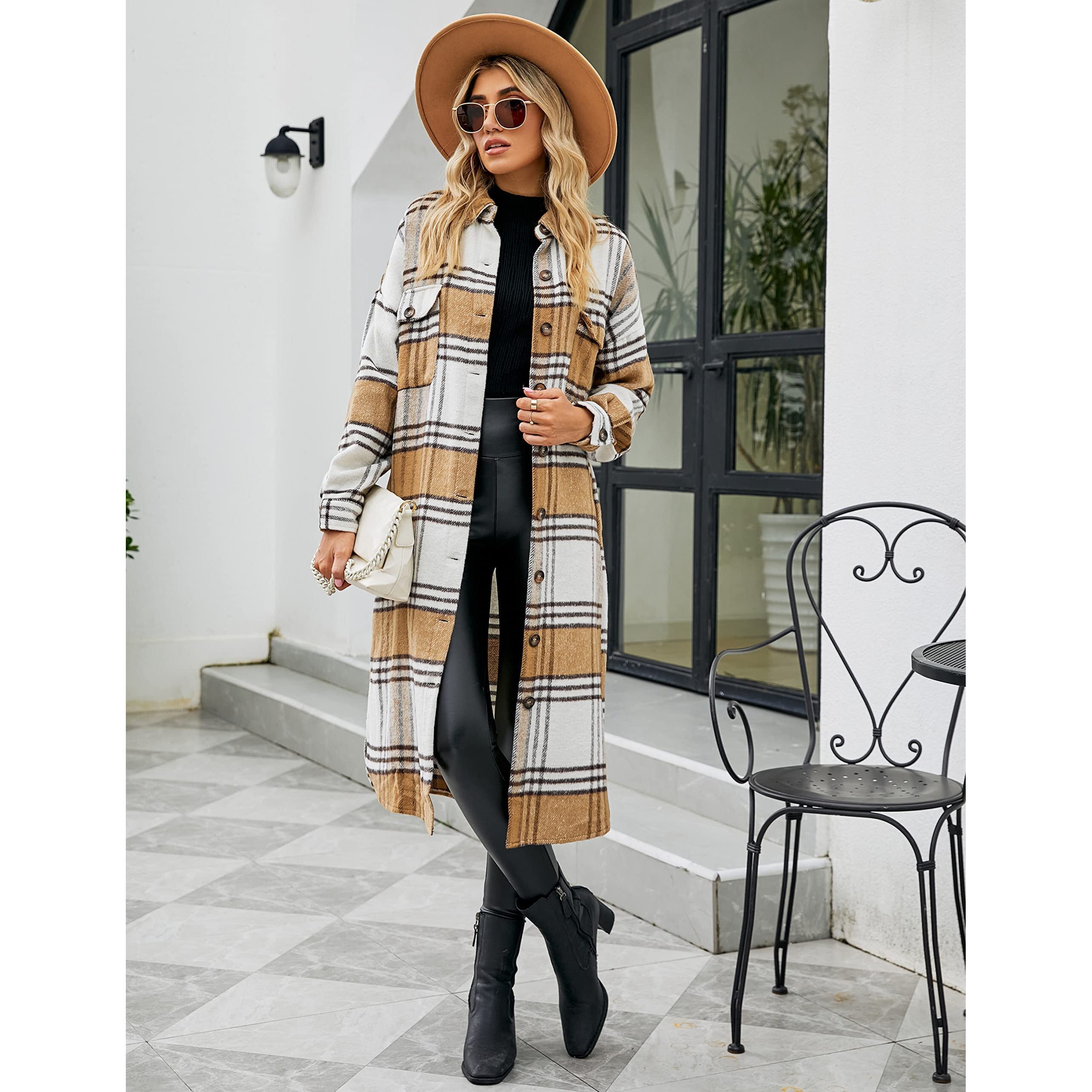 Uaneo Plaid Coat Women Button Down Long Plaid Jacket Fall Flannel Trench Coat (Tan, X-Large)