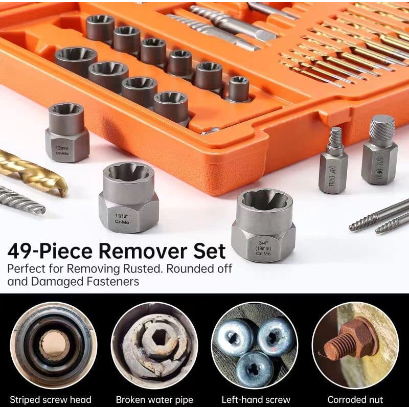 Xewea 49Pcs Screw & Bolt Extractor Set With Left Hand Drill Bit Set, Multi-Spline Easy Out Broken Bolt Remover Tools For Damaged Stripped Rounded-Off Bolts, Socket Screws, Nut, Studs And Fittings