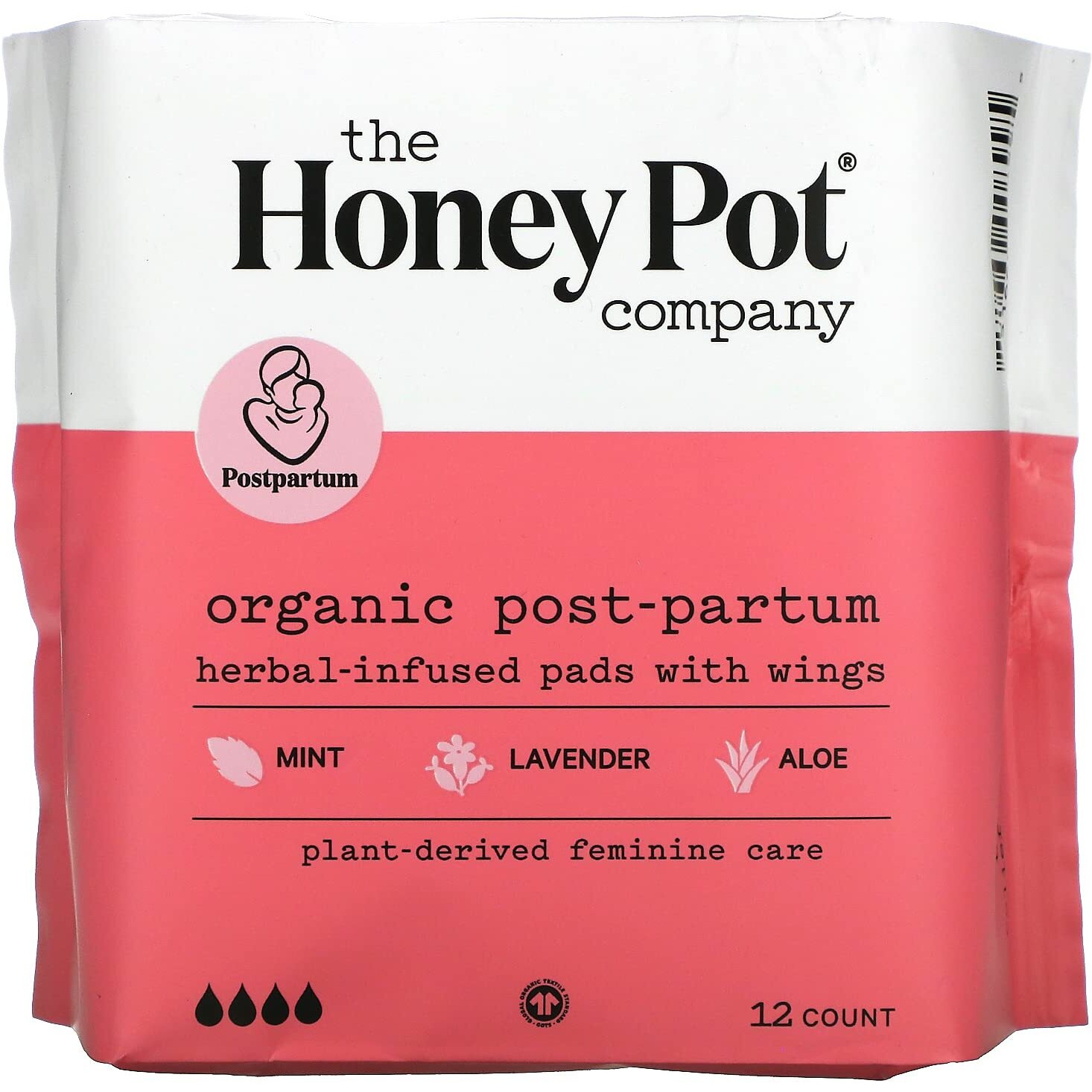 The Honey Pot Company - Herbal Postpartum Pads W/Wings - Full Coverage -Infused W/Essential Oils For Cooling Effect, Organic Cotton Cover, & Ultra-Absorbent - Postpartum Essentials - 12Ct