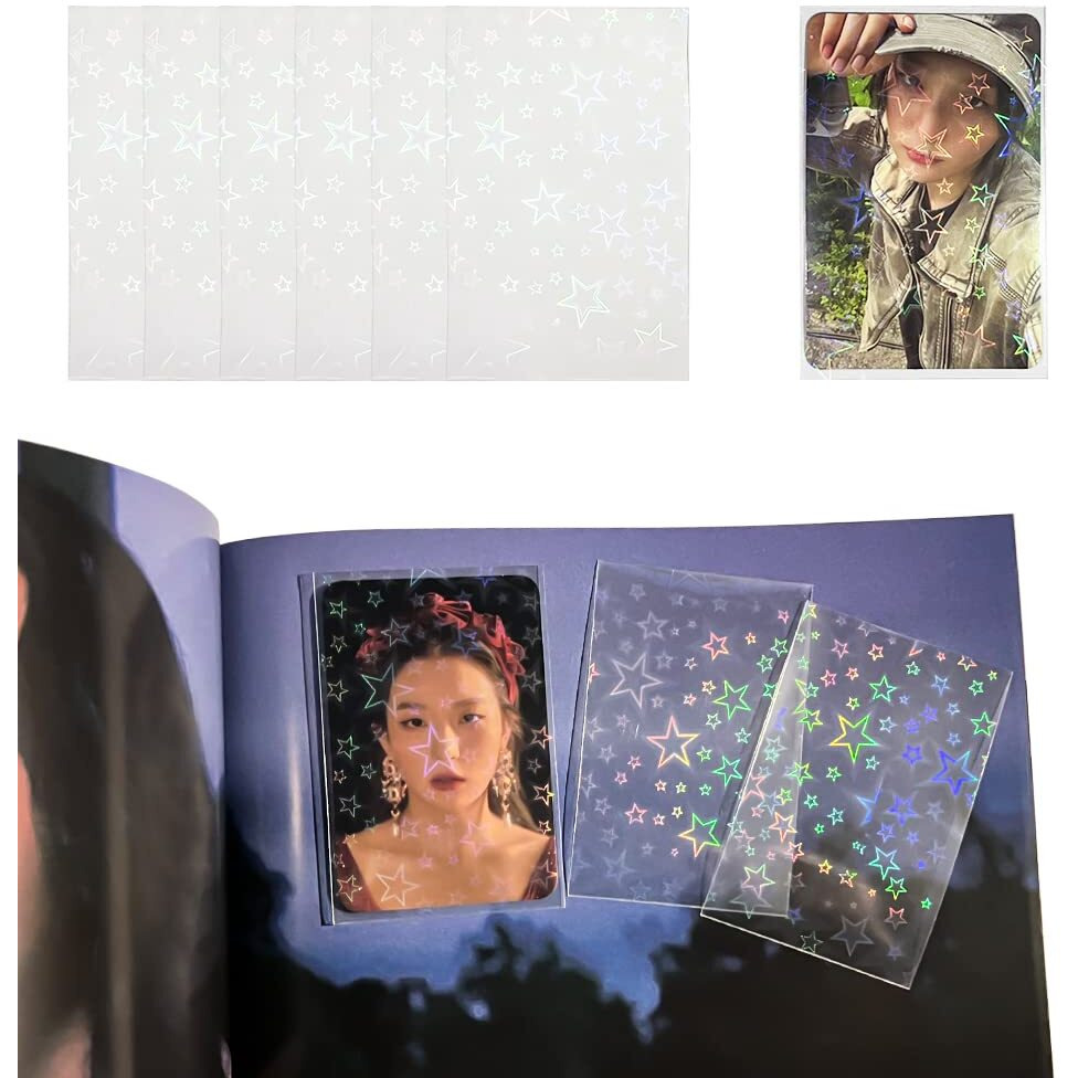 Baskiss 100 Packs Laser Star Photocard Sleeves Kpop 200 Microns Ultra Thick Sleeves Idol Photo Cards Protector Trading Cards Shield Cover (New Star-Shape Laser, Unsealable)