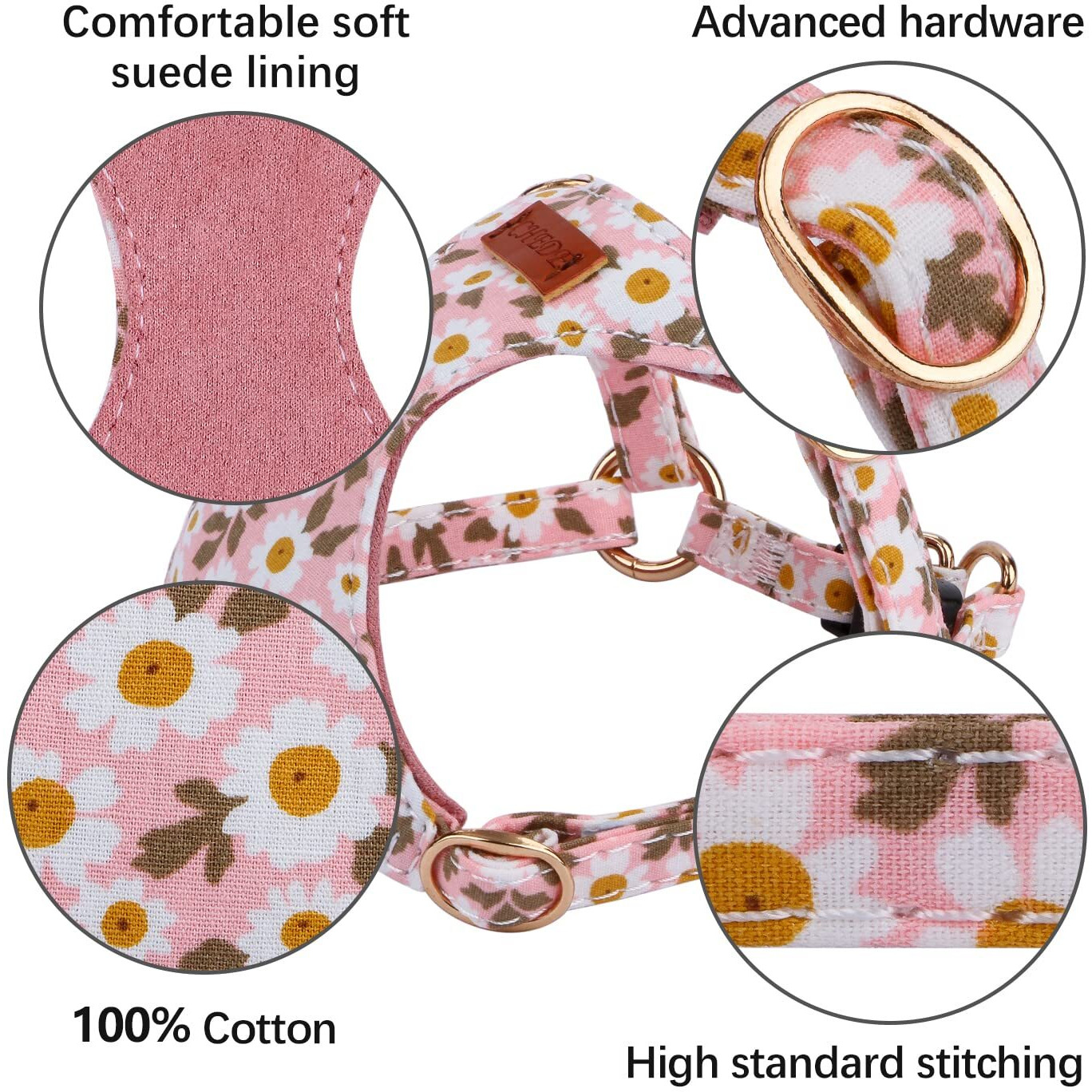 Chede No Pull Floral Pattern Dog Harness- Lightweight, Soft, Adjustable Small Harness And Leash Set, Suitable For Puppy Small And Medium-Sized Dog (Xs, Pink Daisy)