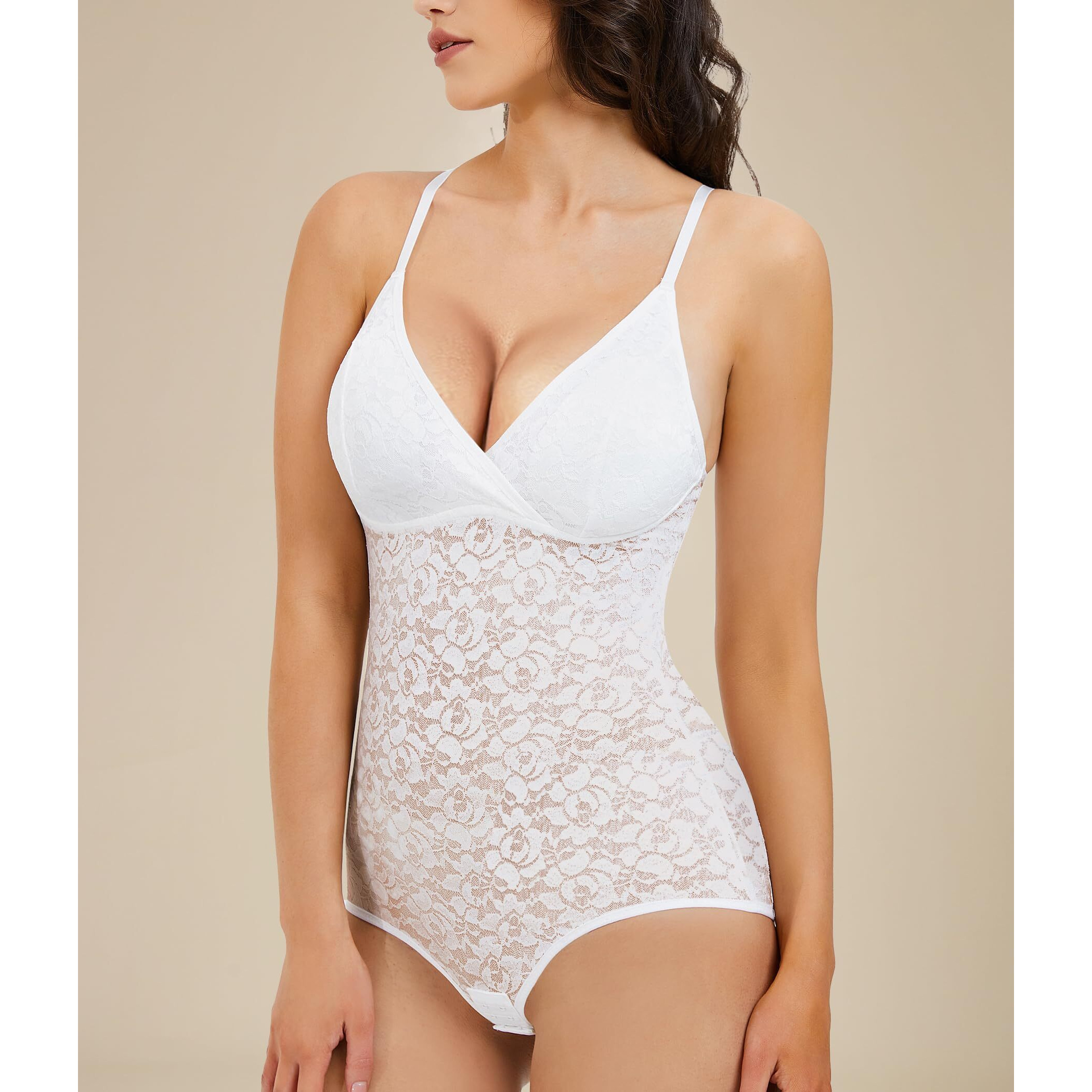 Brabic Lace Bodysuit For Women Tummy Control Shapewear Sleeveless Tops V-Neck Backless Camisole Jumpsuit Shaper (White, X-Large)