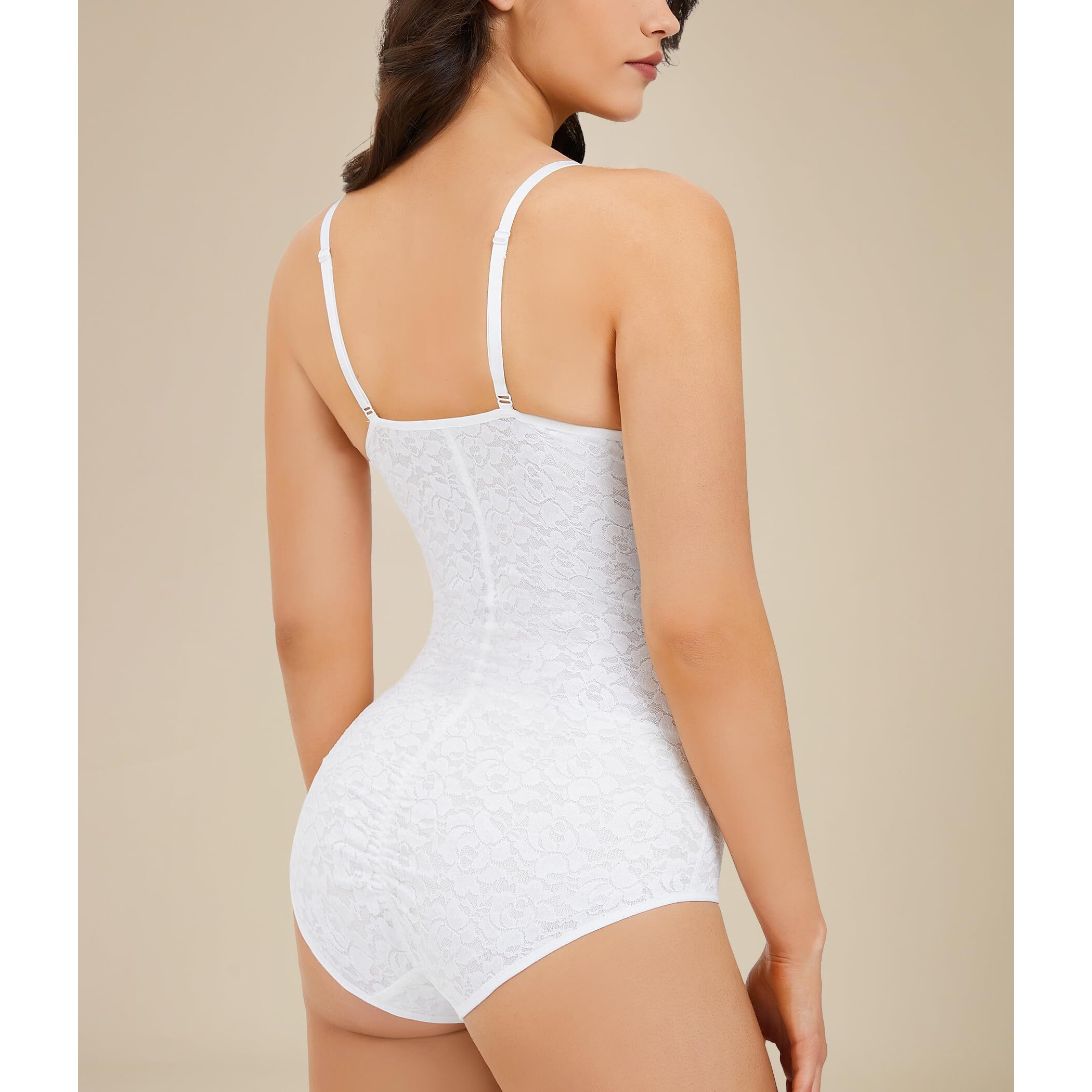 Brabic Lace Bodysuit For Women Tummy Control Shapewear Sleeveless Tops V-Neck Backless Camisole Jumpsuit Shaper (White, X-Large)