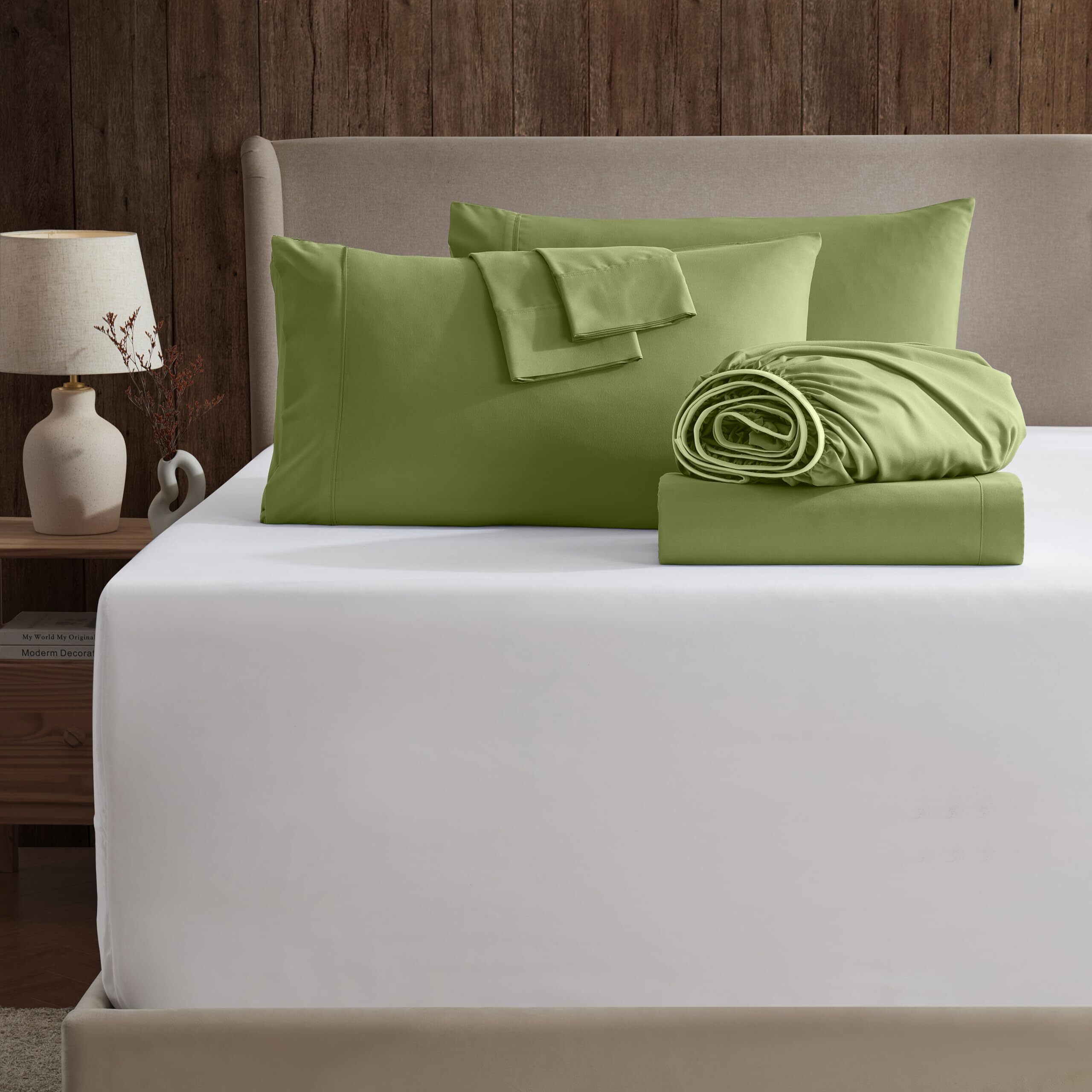 Nestl Extra Full Size Sheets Deep Pocket Set - 6 Pc Soft Microfiber Deep Pocket Full Sheets - Fade Resistant Bedding Sheets & Pillowcases - Full, Calla Green