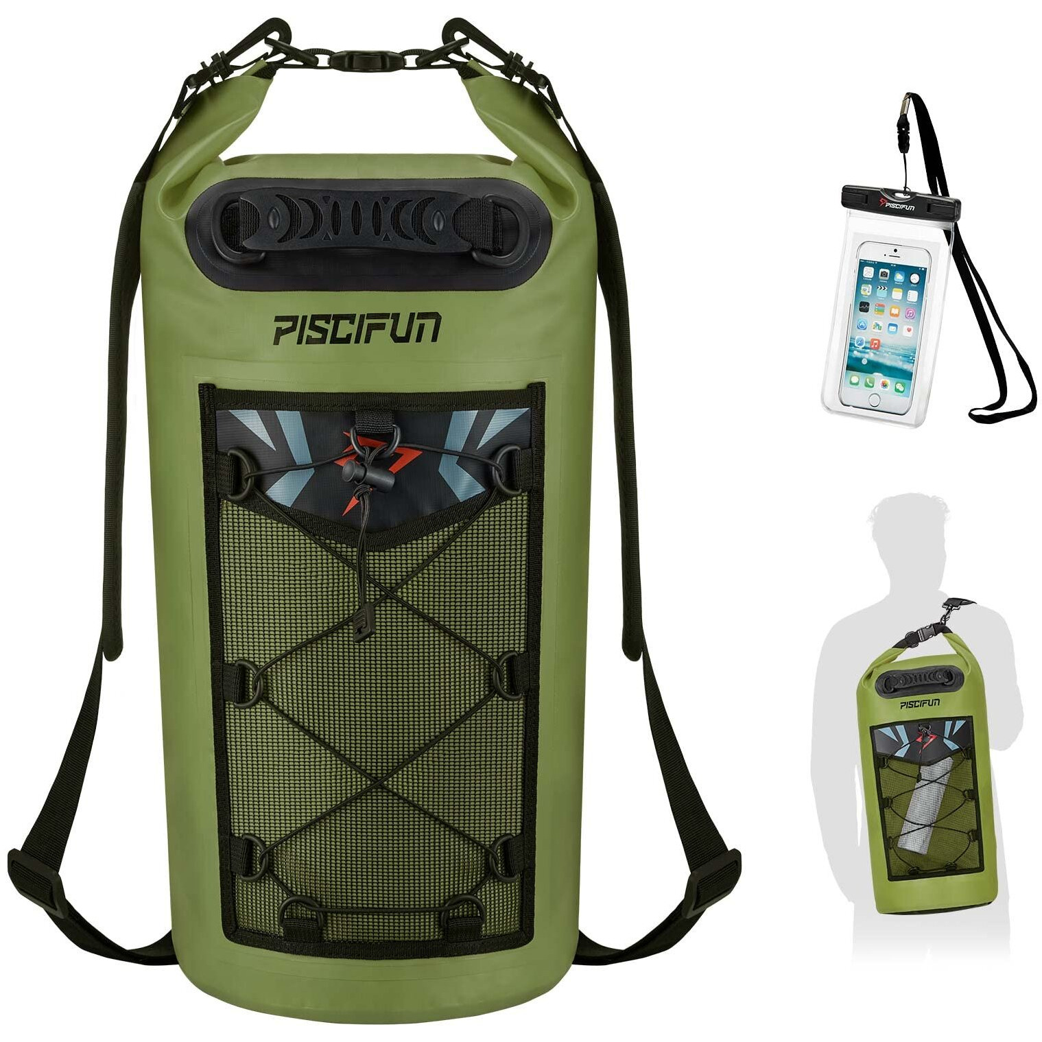 Piscifun Dry Bag, Waterproof Floating Backpack 40L With Waterproof Phone Case For Boating, Kayaking, Fishing, Army Green 40L