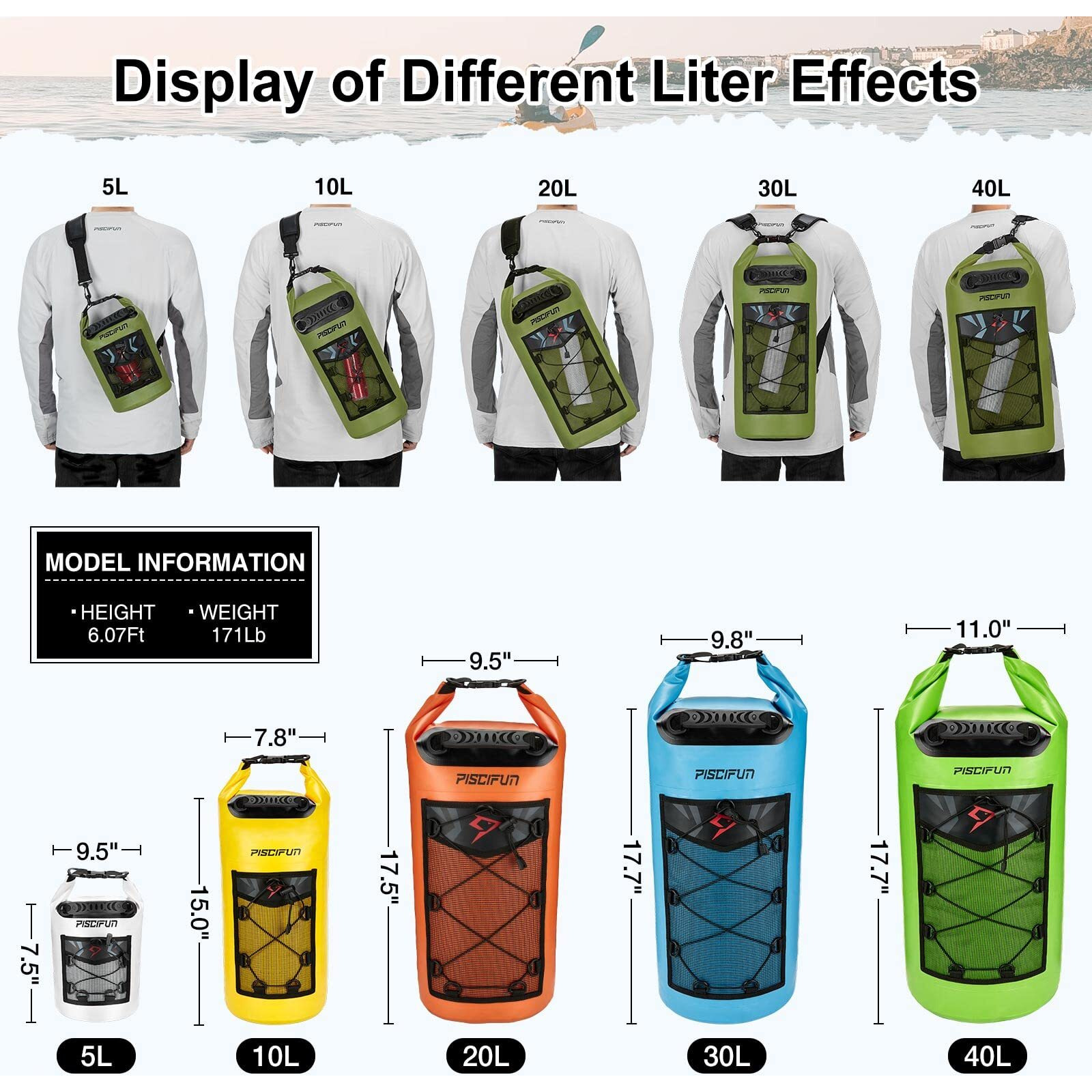 Piscifun Dry Bag, Waterproof Floating Backpack 40L With Waterproof Phone Case For Boating, Kayaking, Fishing, Army Green 40L
