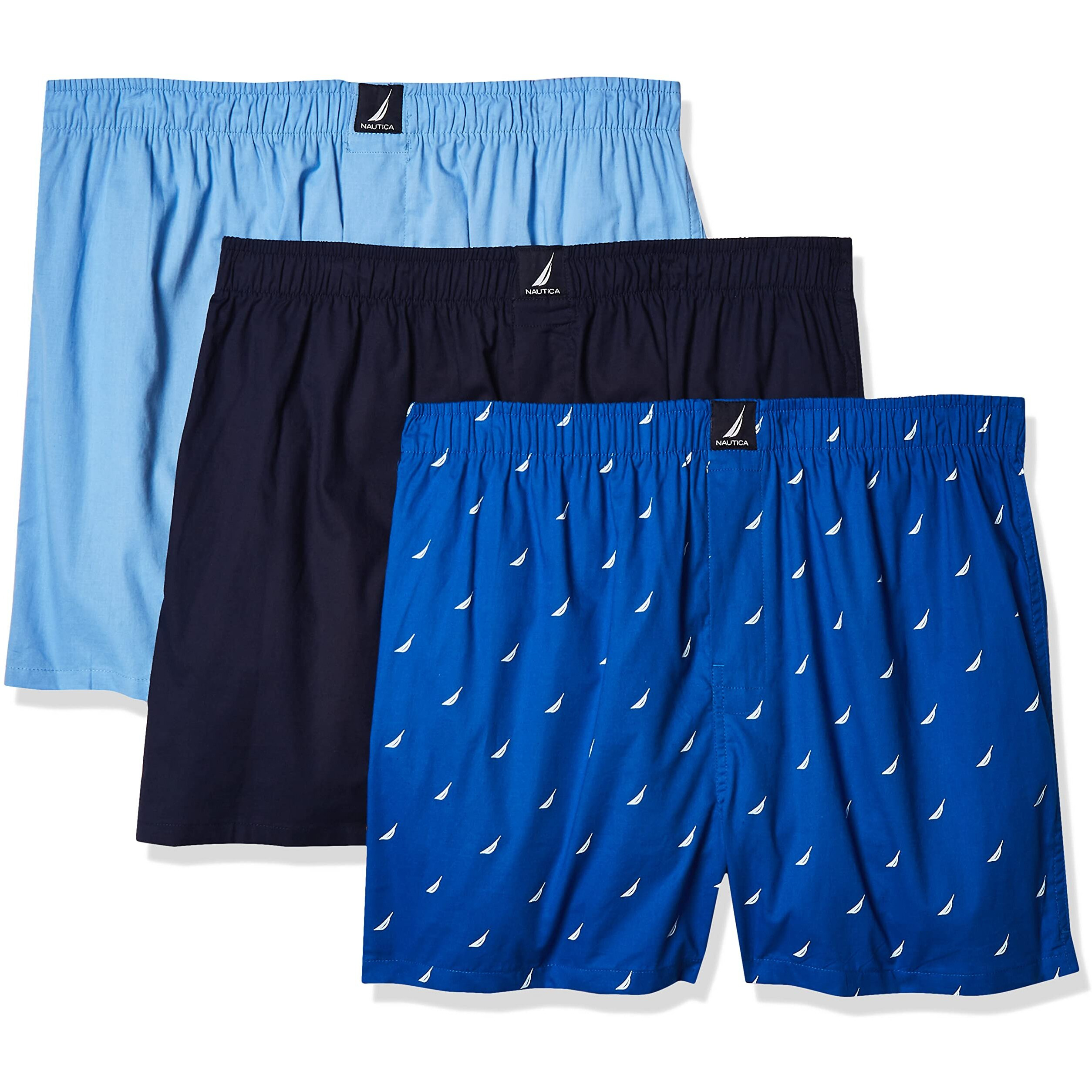 Nautica Mens Cotton Woven 3 Pack Boxer, Peacoatdellarobbiasails-Sea Cobalt, Large