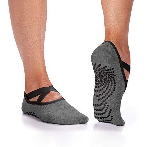 Gaiam Yoga Barre Socks - Grippy Non Slip Sticky Toe Grip Accessories For Women & Men - Pure Barre, Hot Yoga, Pilates, Ballet, Dance, Home - Granite 2-Pack