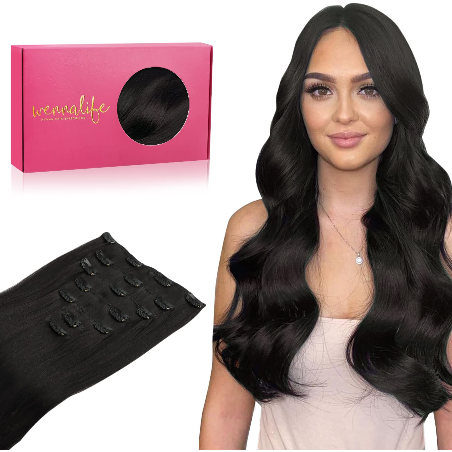 Wennalife Clip In Human Hair Extensions, 16 Inch 120G 7Pcs Natural Black Hair Extensions Clip In Human Hair Remy Clip In Hair Extensions Real Human Hair Double Weft