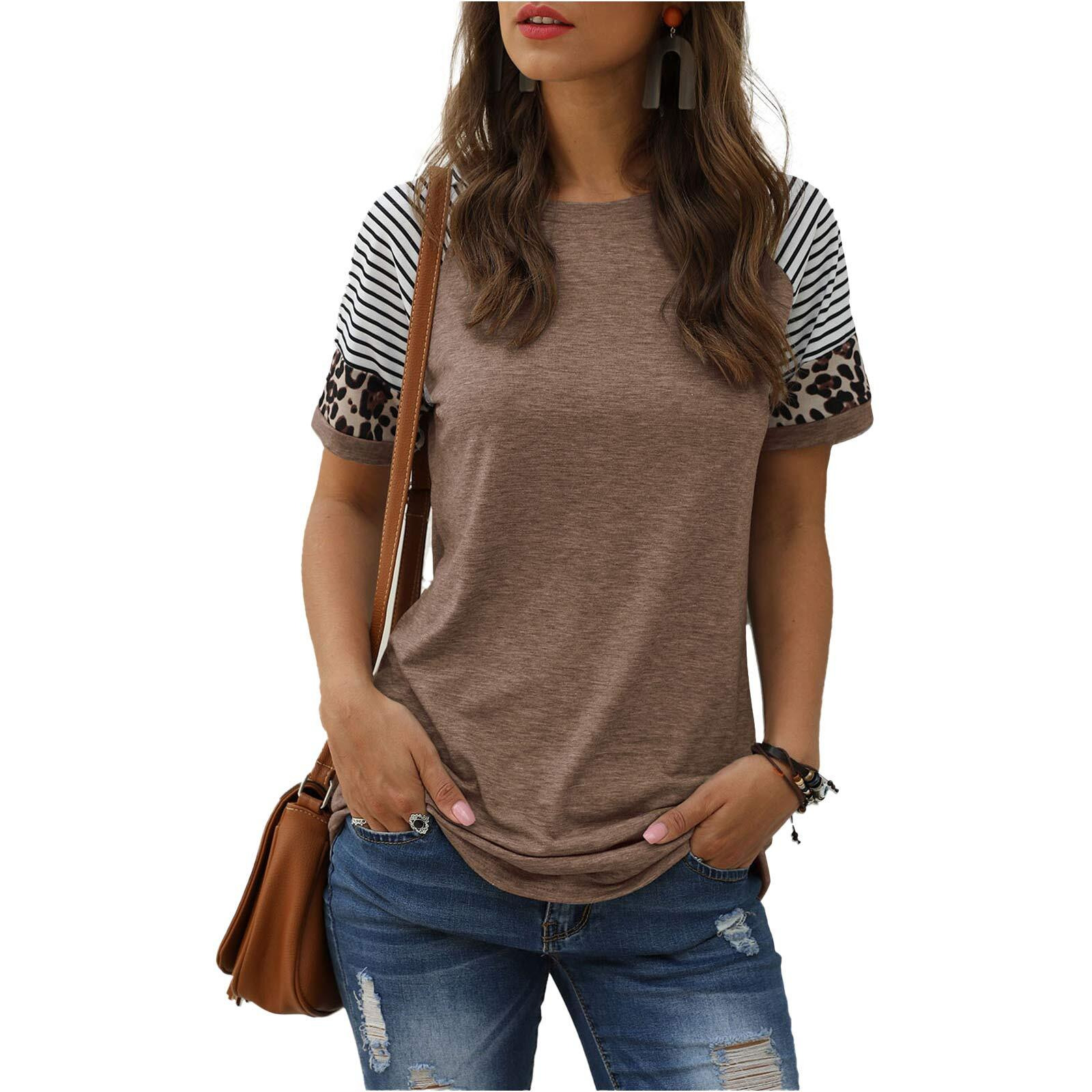 Adibosy Women Short Sleeve Shirts Leopard Summer Casual Tee Tshirt - Womens Crew Neck Tunic Tops Blouses Khaki L