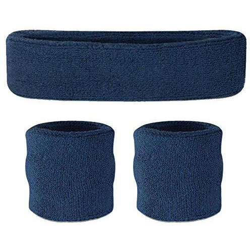 Suddora Sweatbands Set, Moisture Wicking 2 Wristbands And 1 Headband, Breathable Terry Cloth Athletic Bands For Basketball, Tennis, Yoga, Gym, Sweat Bands For Costumes And Cosplay Navy