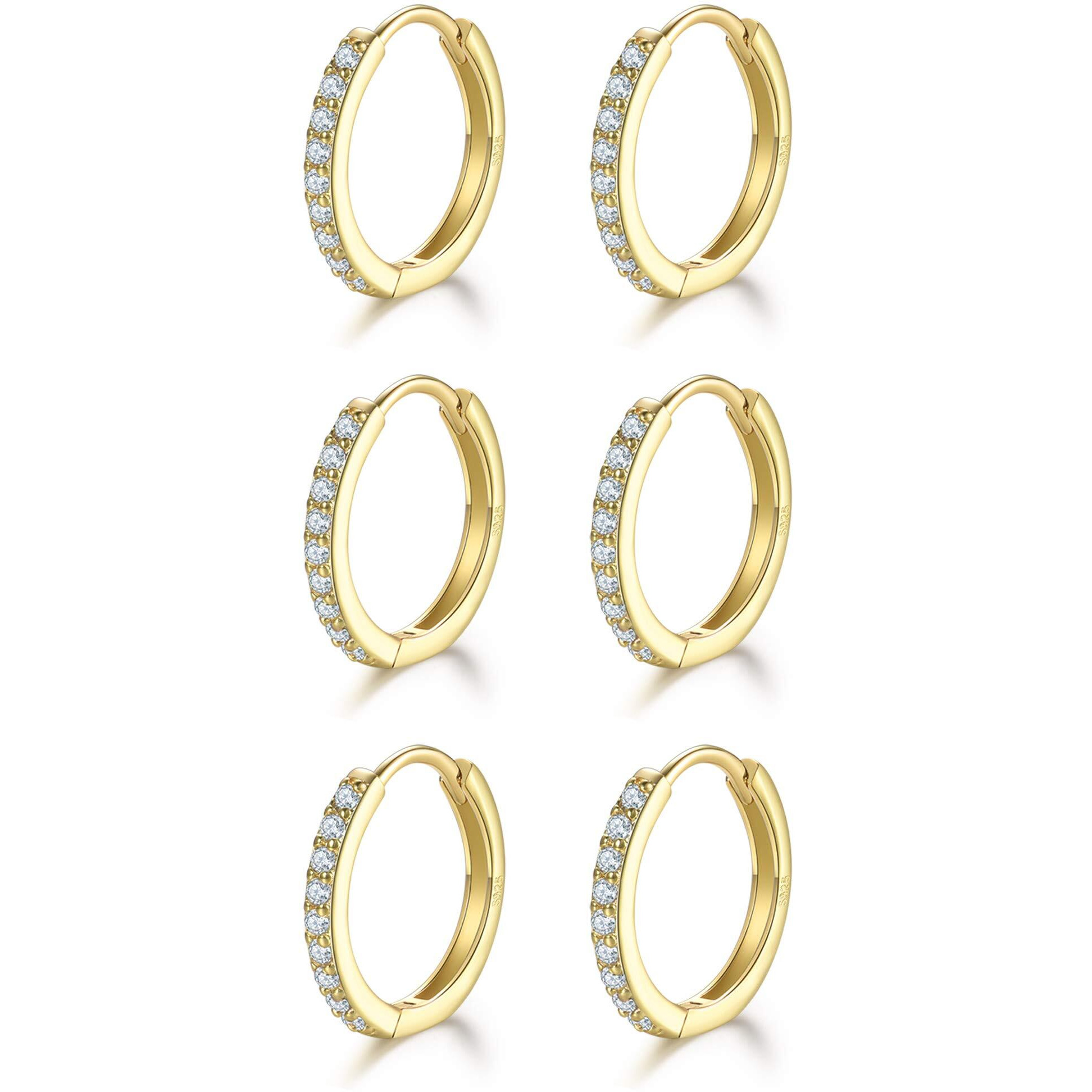 Cartilage Earring Hoop Gold Plated- Sterling Silver Small Hoop Earrings Cubic Zirconia Cuff Huggie Earrings Mini Hoops Earrings Piercing For Women (3 Pairs 8Mm)
