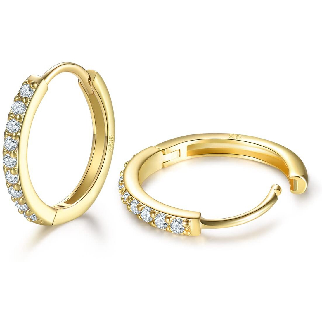 Cartilage Earring Hoop Gold Plated- Sterling Silver Small Hoop Earrings Cubic Zirconia Cuff Huggie Earrings Mini Hoops Earrings Piercing For Women (3 Pairs 8Mm)