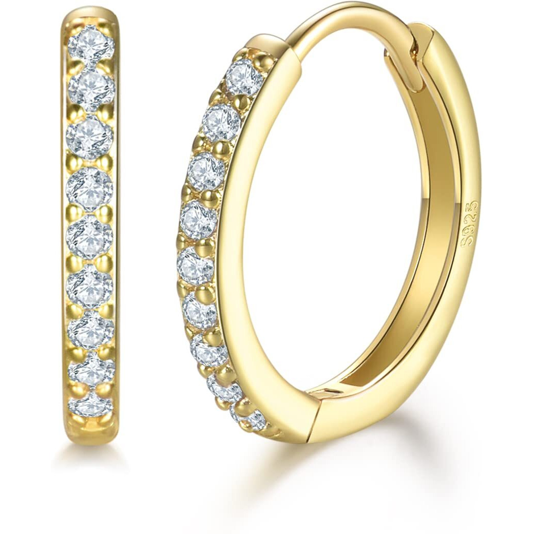 Cartilage Earring Hoop Gold Plated- Sterling Silver Small Hoop Earrings Cubic Zirconia Cuff Huggie Earrings Mini Hoops Earrings Piercing For Women (3 Pairs 8Mm)