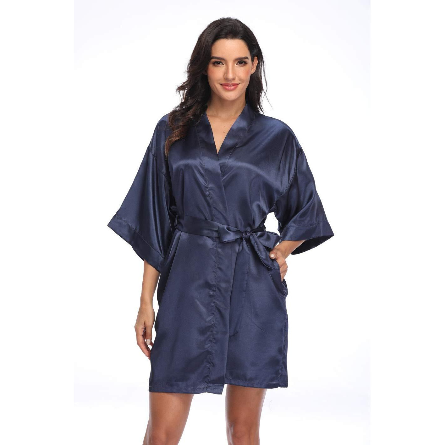 Women 's Short Satin Kimono Bridesmaids Plus Size Wedding Robes Silky Sleepwear,Navy