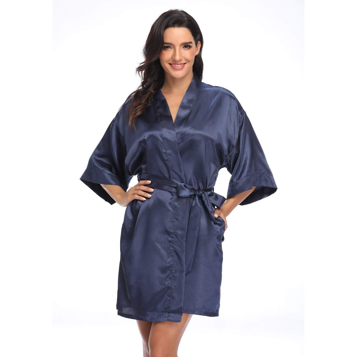 Women 's Short Satin Kimono Bridesmaids Plus Size Wedding Robes Silky Sleepwear,Navy