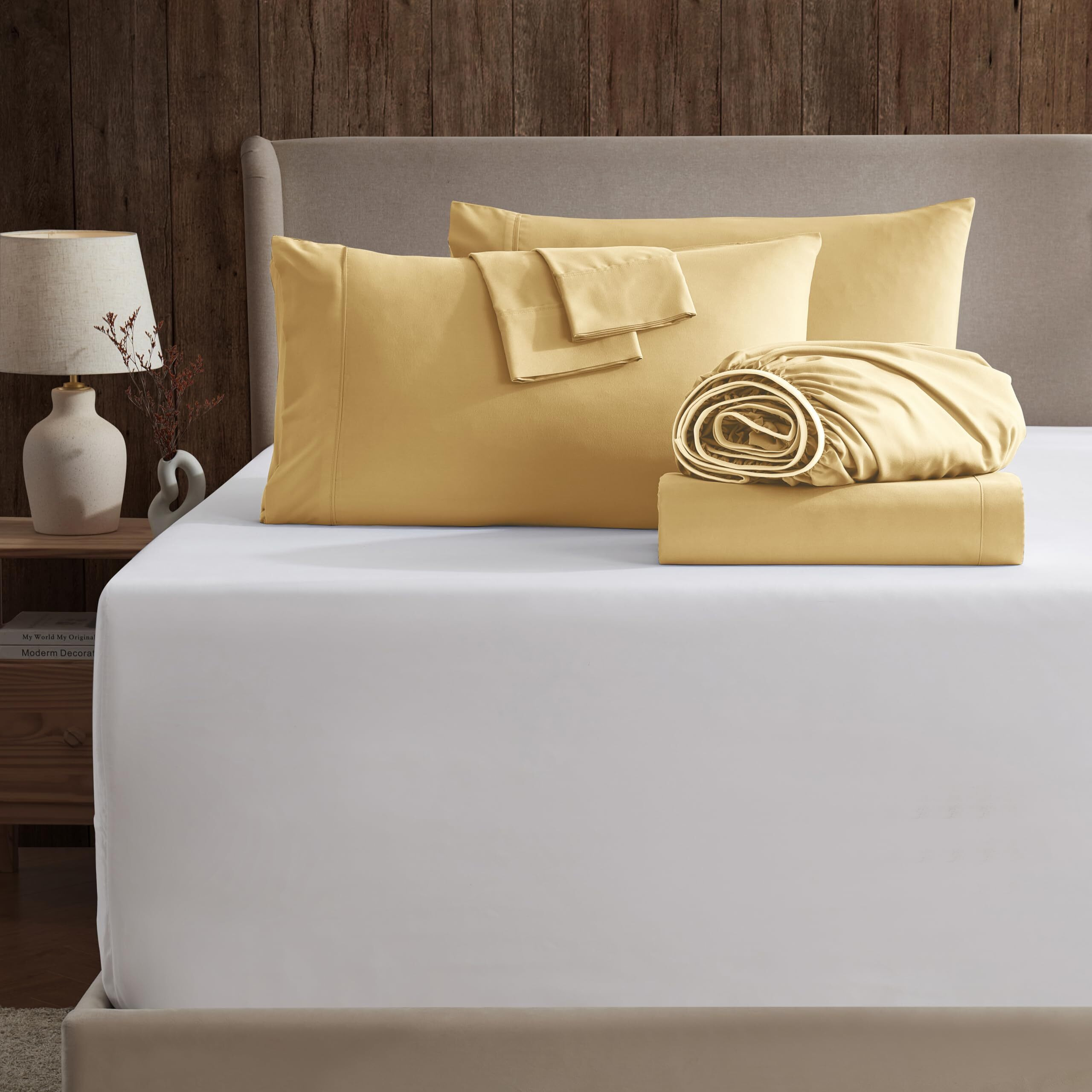 Nestl Extra Deep Pocket King Sheets Set - 6 Pc Soft Microfiber Extra Deep Pocket King Size Sheets - Fade Resistant Bedding Sheets & Pillowcases - King, Camel Gold
