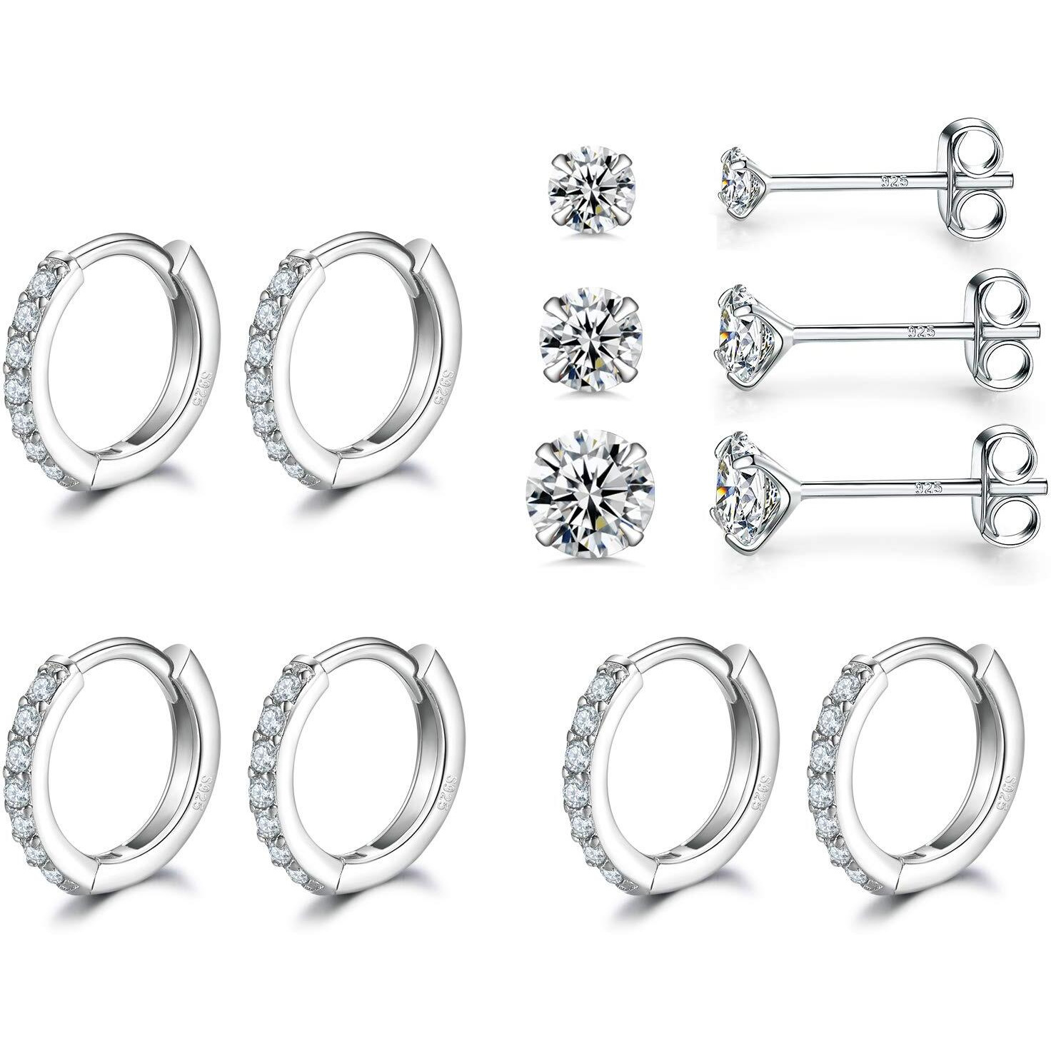 Sterling Silver Small Hoop Earrings | Sterling Silver Stud Earrings For Women - 6 Pairs Hypoallergenic Cartilage Earring Hoops & Tiny Cubic Zirconia Stud Earrings Set