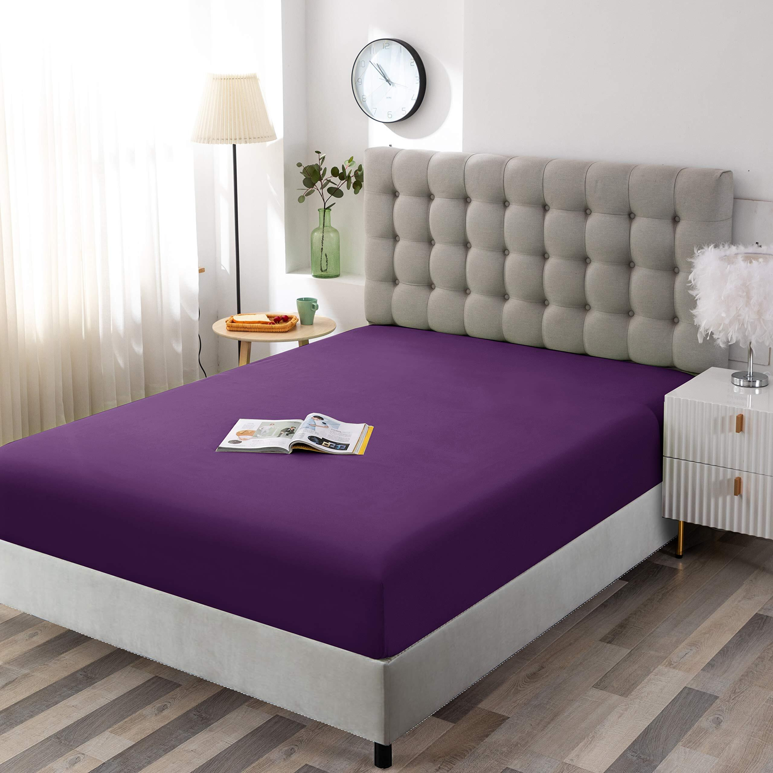 Sfoothome Fitted Bottom Sheet For Mattress, Single Queen Size Purple Microfiber Fitted Sheet With Deep Pocket