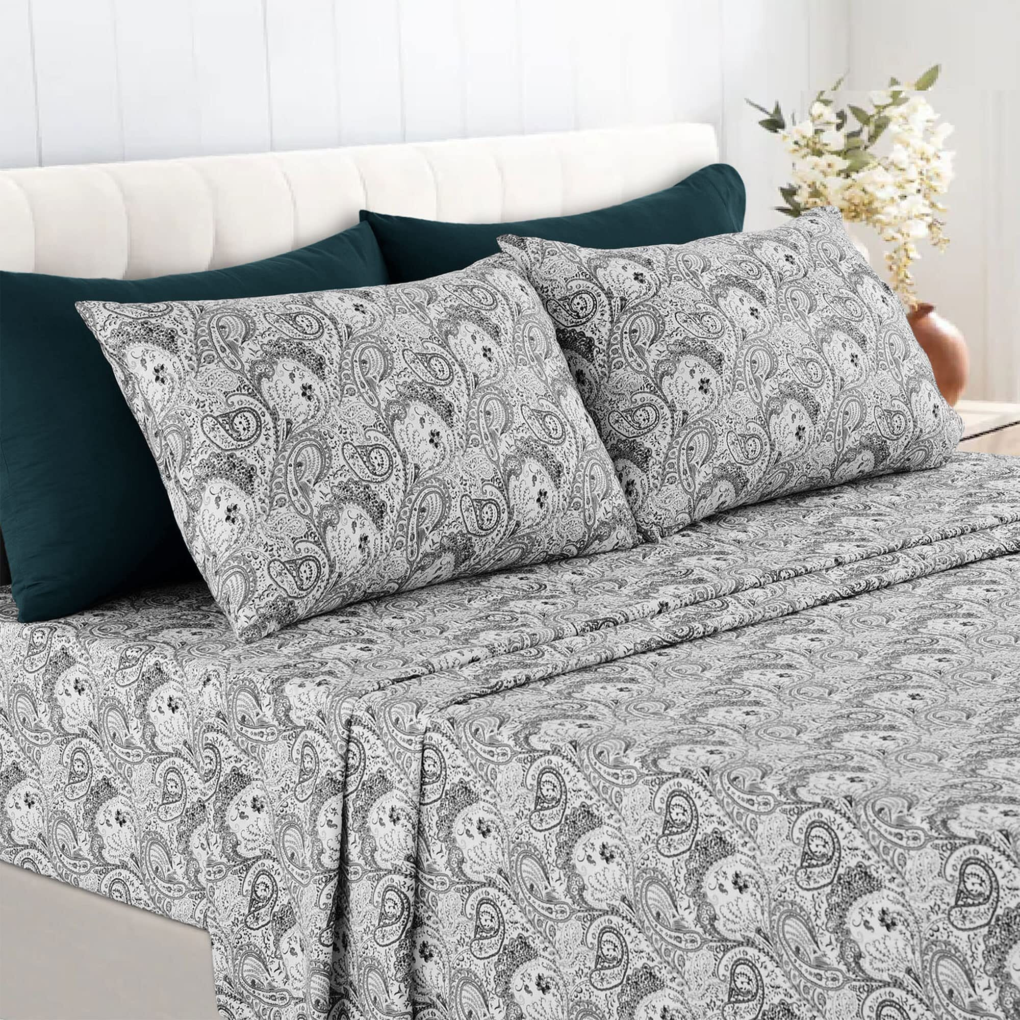 Lux Decor Collection Bed Sheets - 6 Pc Full Size Bed Sheets - High Gsm Brushed Microfiber Sheets - 16 Inches Deep Pocket Bedding Sheets & Pillowcases (Full, Paisley White/Grey)