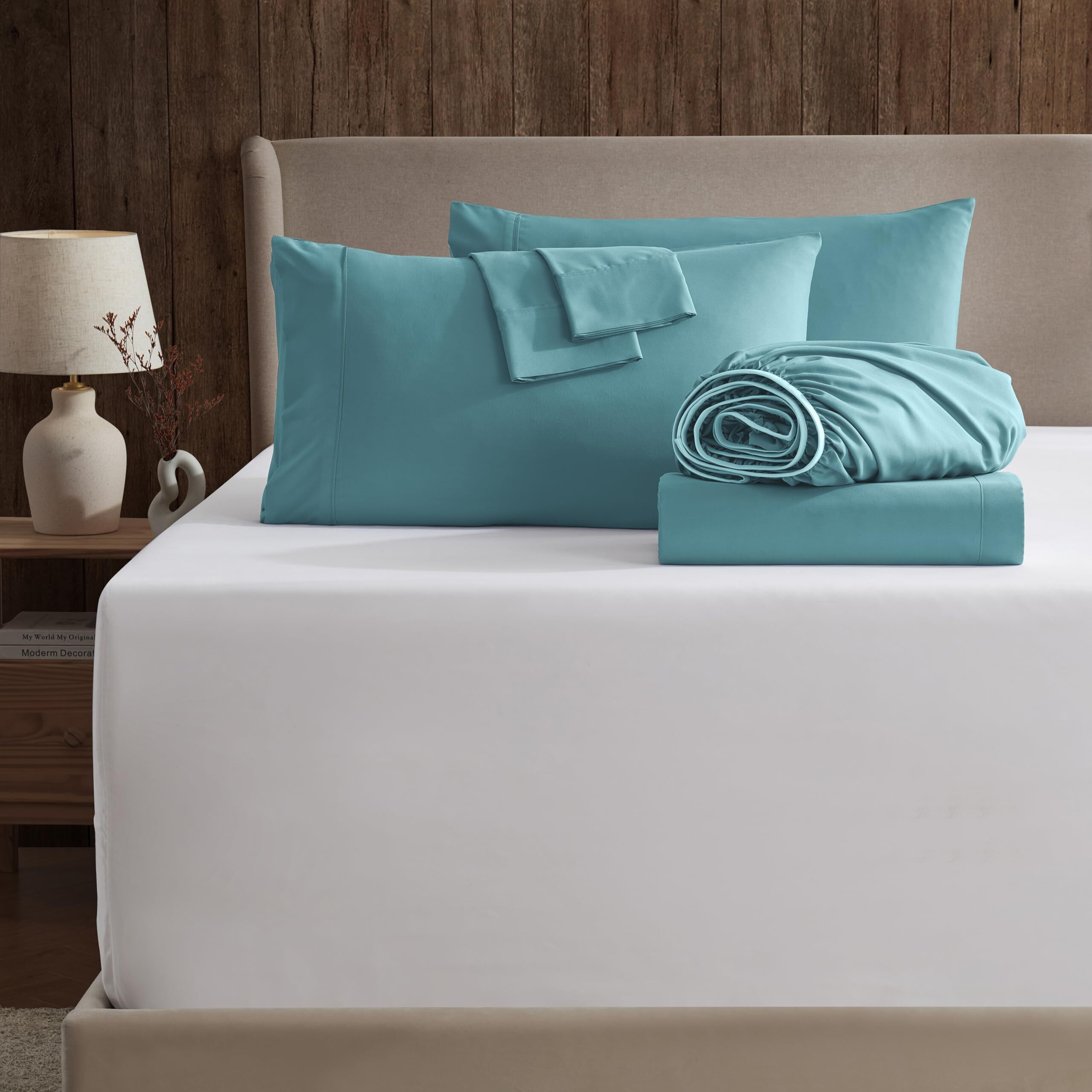 Nestl Extra Deep Pocket King Sheets Set - 6 Pc Soft Microfiber Extra Deep Pocket King Size Sheets - Fade Resistant Bedding Sheets & Pillowcases - King, Teal Blue/Green
