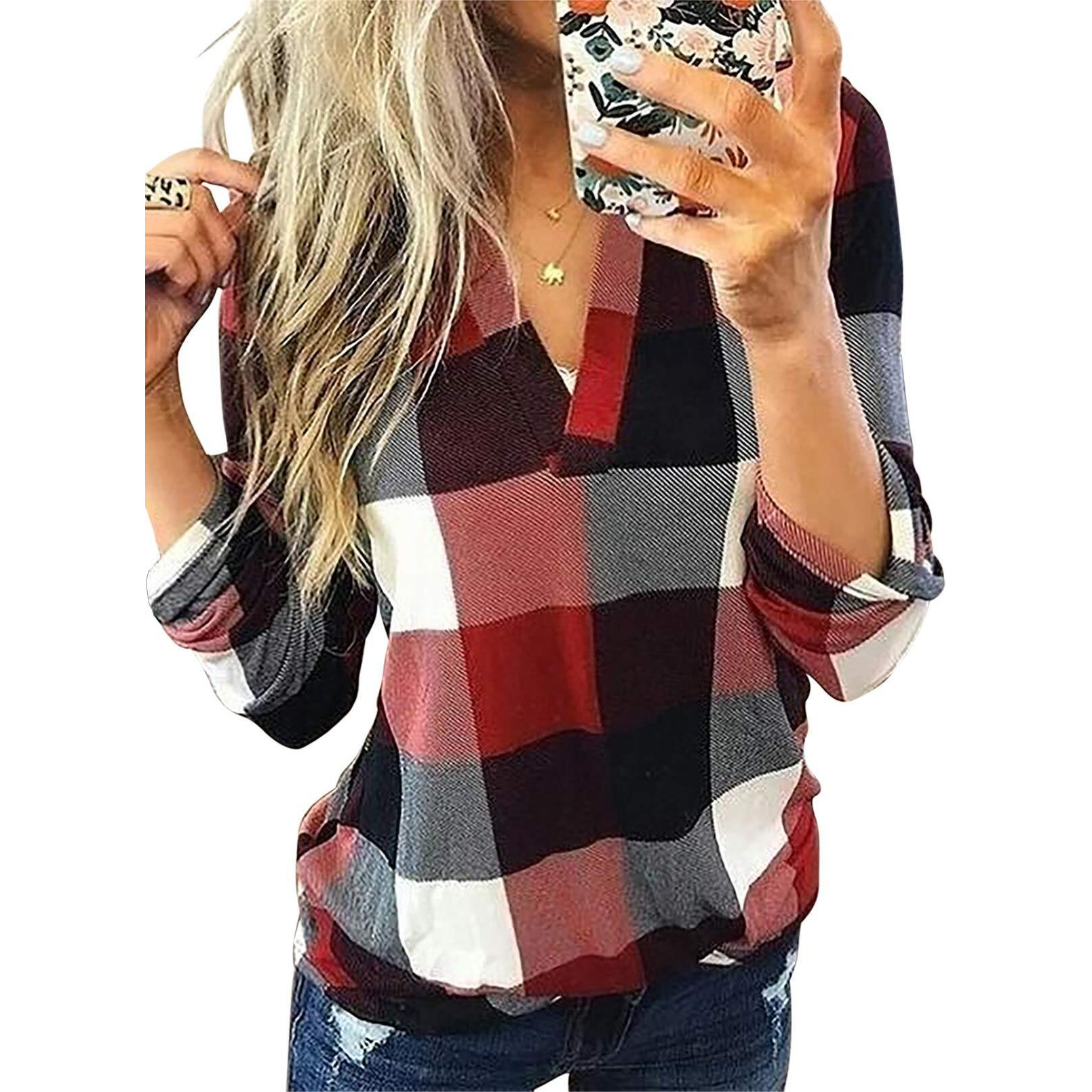 Dokotoo Womens Plus Size Spring Summer Fall Fashion Casual Ladies Basic Cotton Cuffed 3/4 Long Sleeve Plaid Print V Neck Work Tops Tunic Blouses T Shirts For Women 2024 Red
