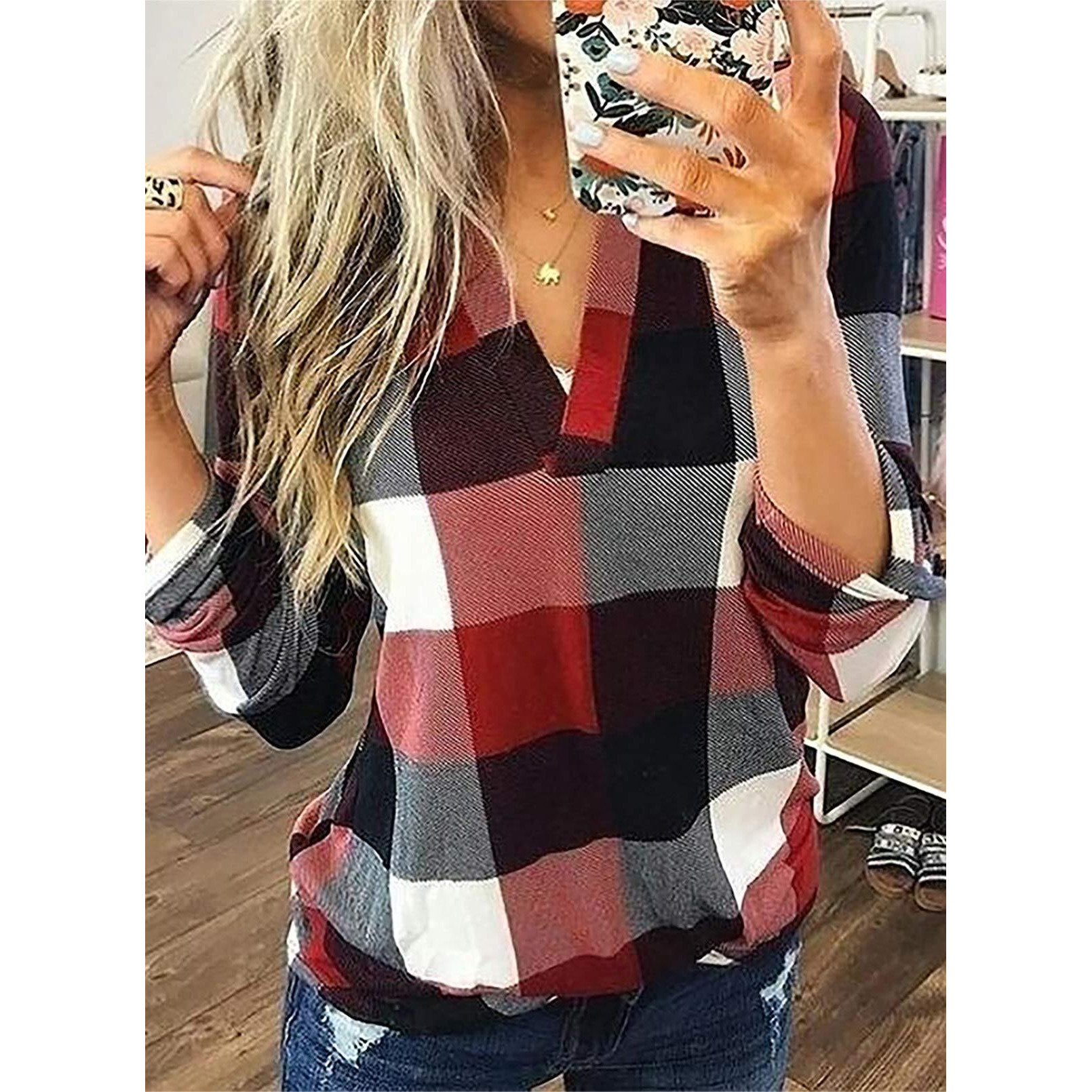 Dokotoo Womens Plus Size Spring Summer Fall Fashion Casual Ladies Basic Cotton Cuffed 3/4 Long Sleeve Plaid Print V Neck Work Tops Tunic Blouses T Shirts For Women 2024 Red