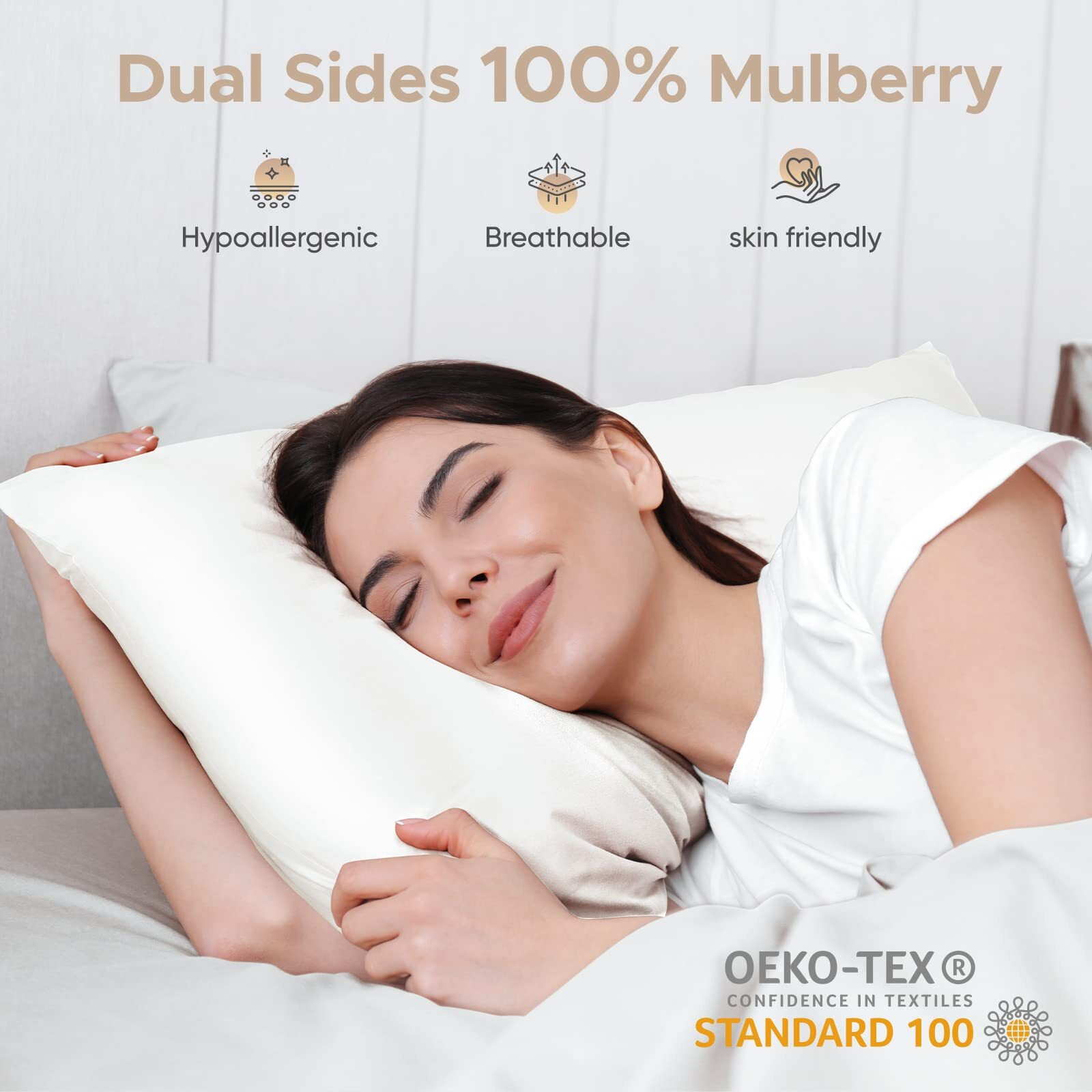 100% Pure Mulberry Silk Pillowcase For Hair And Skin - Allergen Resistant Dual Sides,600 Thread Count Silk Bed Pillow Cases With Hidden Zipper,1Pc,King Size,Ivory