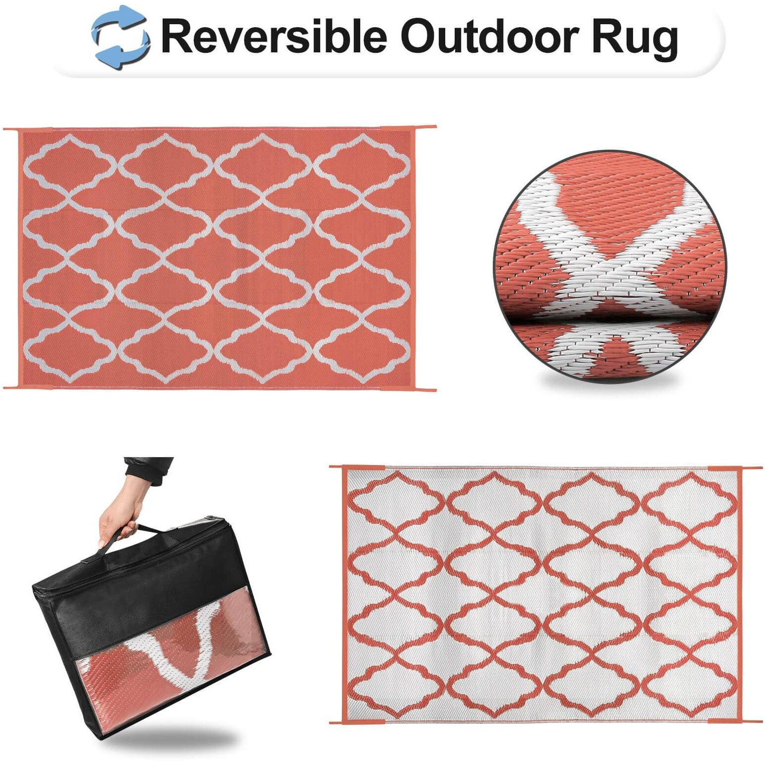 Outdoorlines Outdoor Plastic Area Rug For Patio 5X8 Ft - Reversible Outside Carpet, Stain & Uv Resistant Rv Mats, Straw Rug For Camping, Deck Garden, Porch And Balcony, Moroccan/Orange & Light Grey