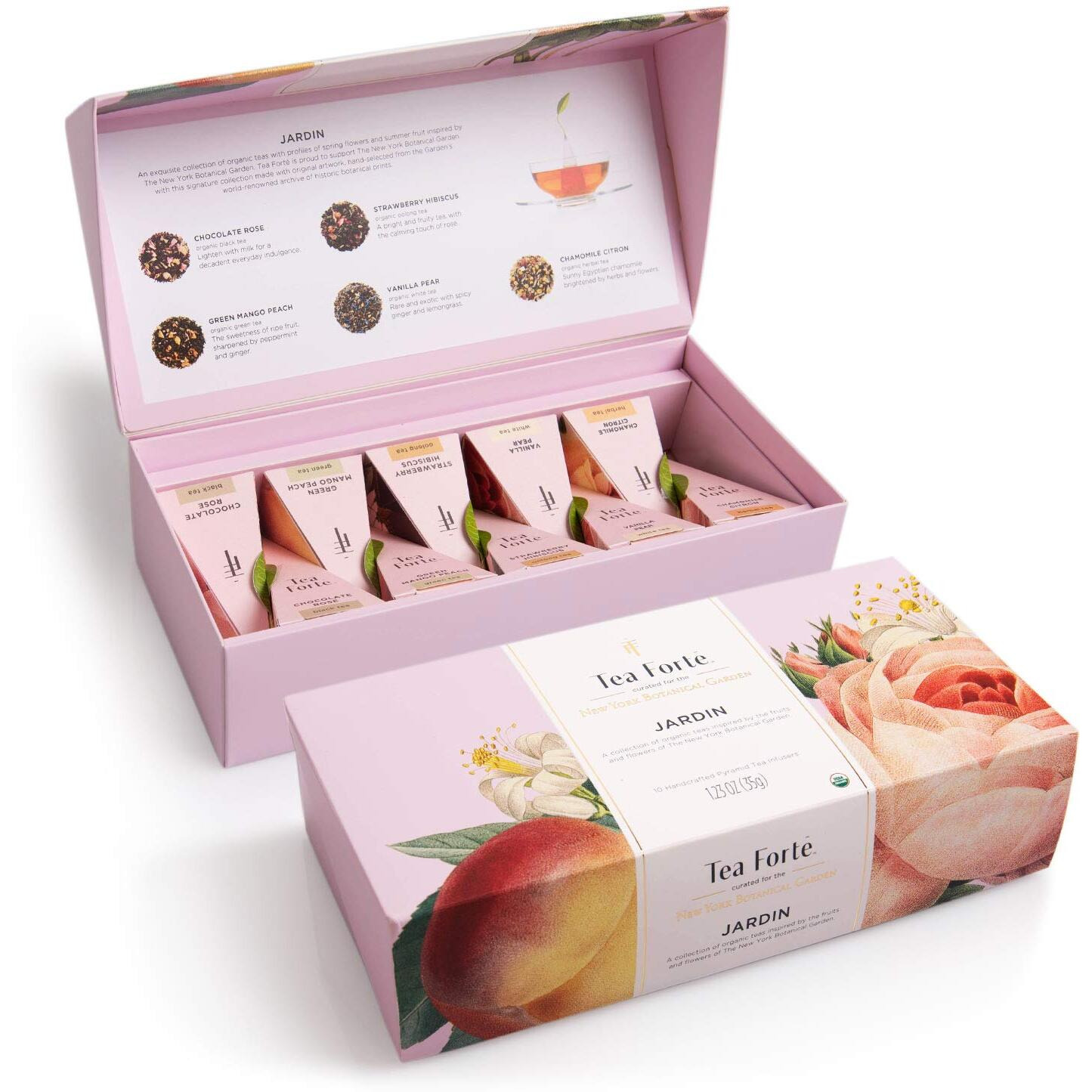 Tea Forte Jardin Organic Fruit, Herb And Flower Teas, Petite Presentation Box Tea Sampler Gift Set With 10 Handcrafted Pyramid Tea Bag Infusers