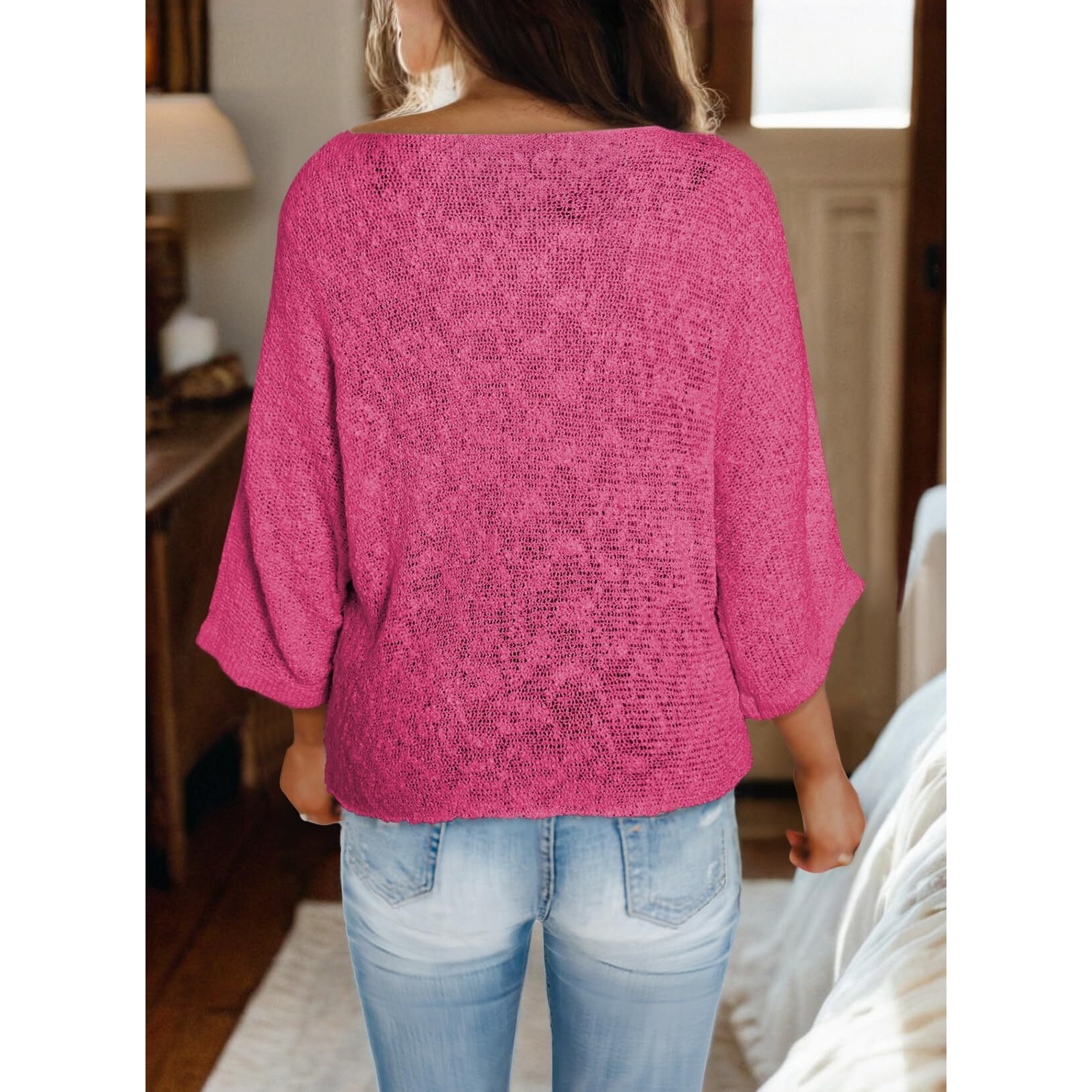 Dokotoo Womens Fashion Casual 2025 Spring Summer Crewneck Wide Bell 3/4 Sleeve Oversized Baggy Lightweight Comfy Cozy Cable Knit Basic Solid Pullover Tops Sweaters For Women Rose Small