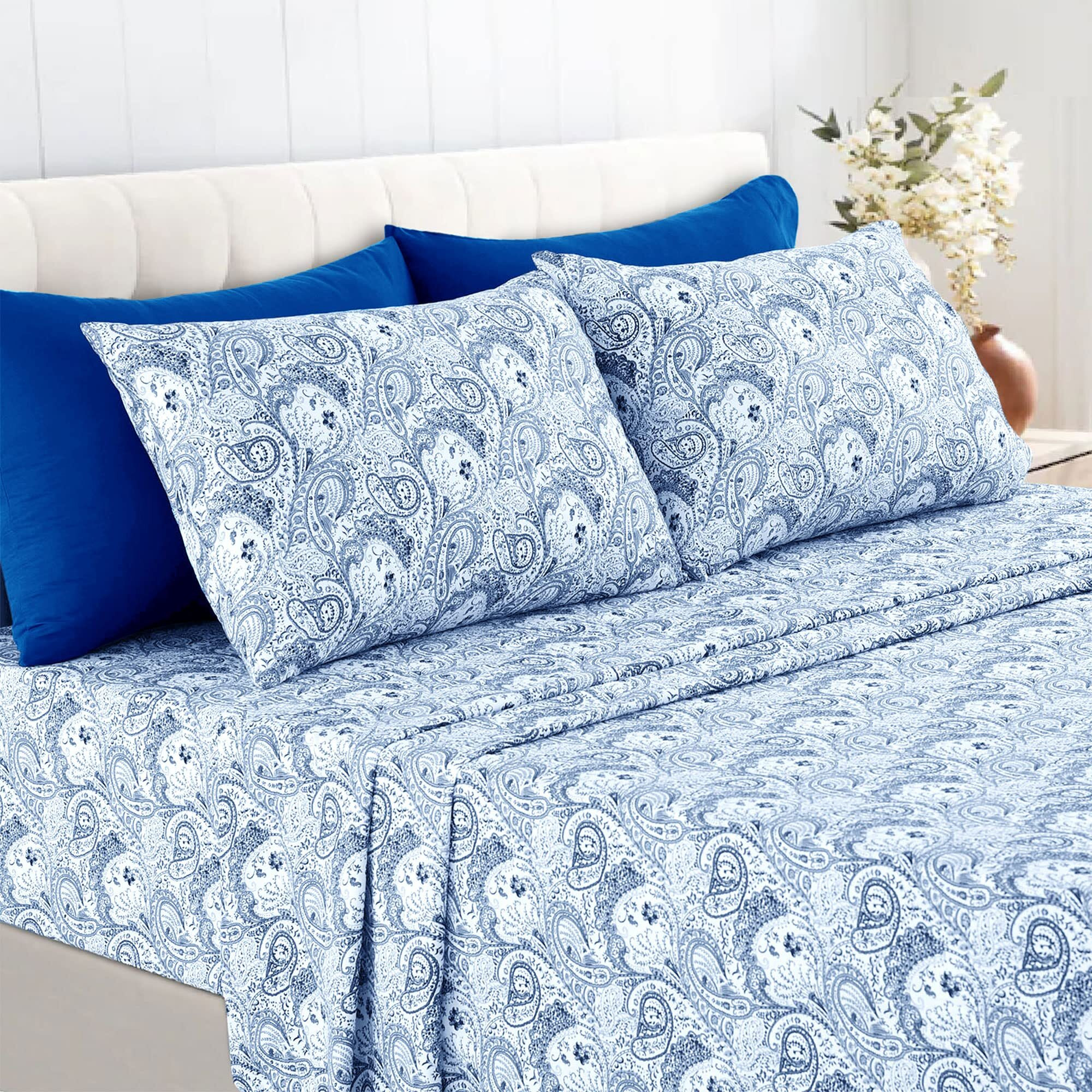 Ldc Lux Decor Collection Bed Sheets-6Pc California King Sheets-High Gsm Brushed Microfiber Sheets-Upto 16 Inches Deep Pocket Bedding Sheets & Pillowcases (California King, Paisley White/Blue)