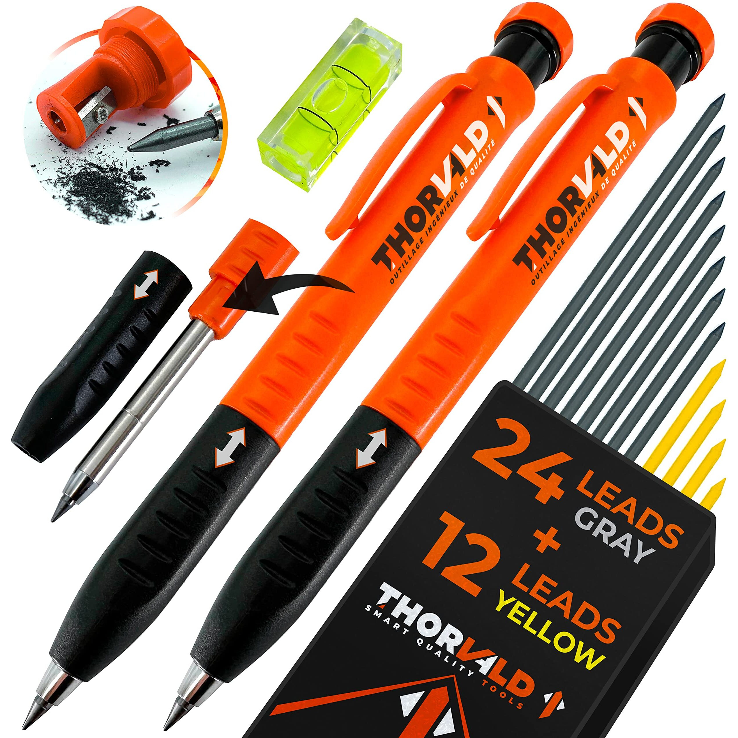2 Carpenter Pencils Set For Construction - Incl 38 Leads + Sharpener + Finger Grip + Bubble Level - Solid Mechanical Pencils With Fine Point  Best Marking Tools Construction  Carpenters  Scriber