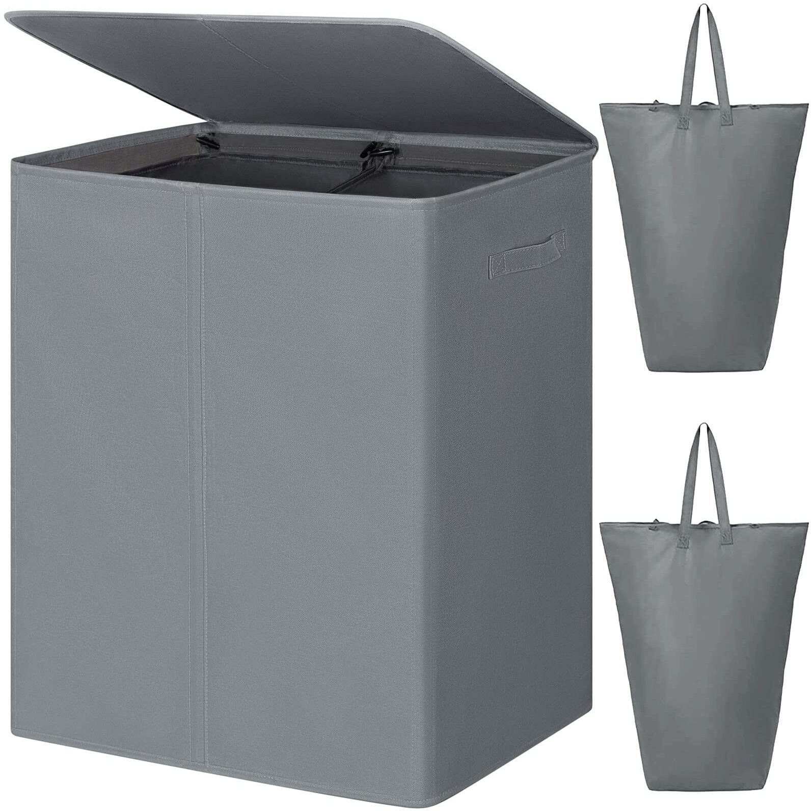 Wowlive 154L Double Laundry Hamper With Lid And Removable Laundry Bags, Large Dirty Clothes Hamper 2 Section Collapsible Laundry Basket Dorm Room Storage For Bedroom, Bathroom, College,Grey