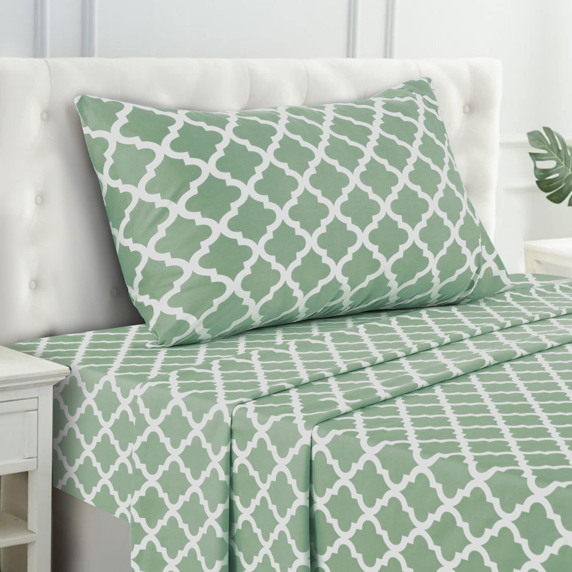 Ldc Lux Decor Collection Bed Sheets - 3 Pc Twin Xl Sheets - High Gsm Brushed Microfiber Sheets -Upto 16 Inches Deep Pocket Bedding Sheets & Pillowcases (Twin Xl, Quatrefoil Sage)